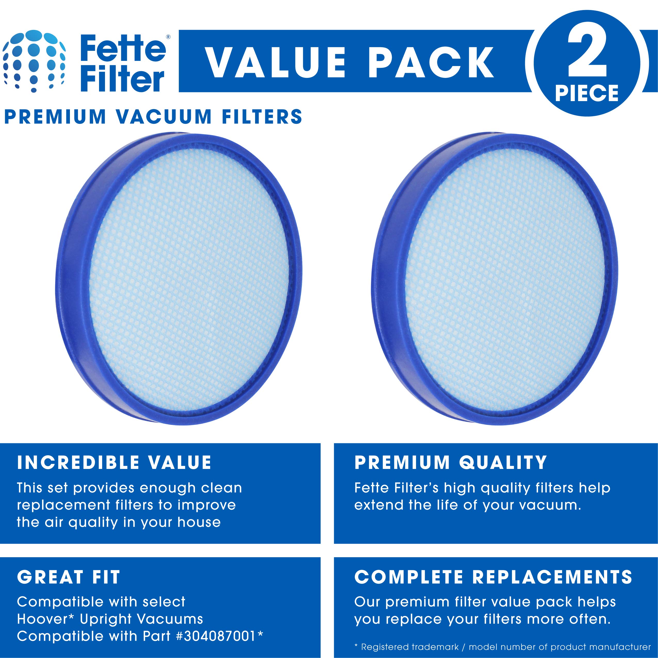 Fette Filter - 304087001 Premium Pre-Motor Vacuum Filter Compatible with Select Hoover Bagless Upright Vacuums Compare to Part Number 304087001 (QTY2)