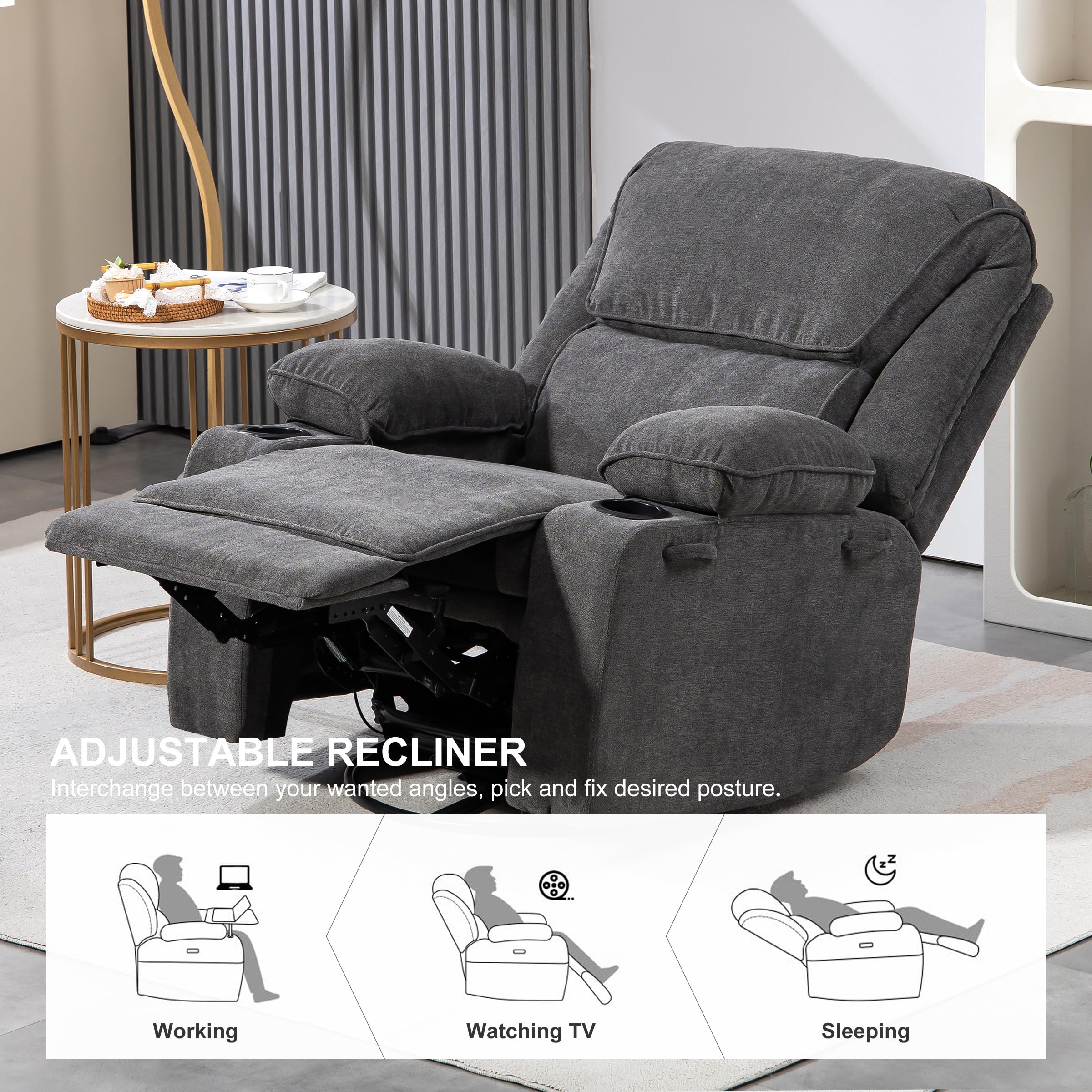Fauteuil de Relaxation Chaise massant avec Dossier Inclinable Manuellement 150° Incluse Massage en 8 Points et Fonction Chauffante,Pivotement à 360