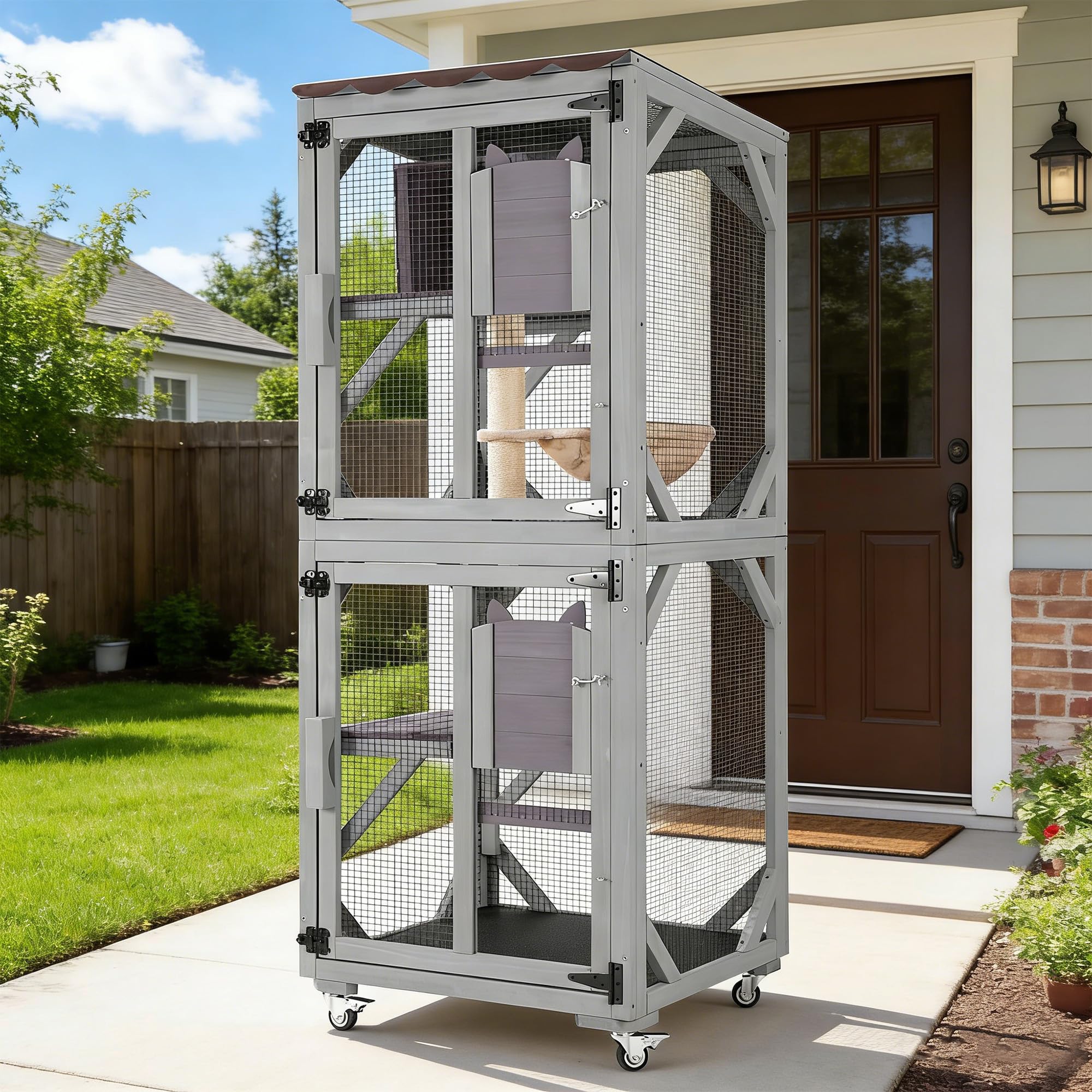 62.8’’ Cat Catio Enclosure, Multi-Level Cat Cage with Jumping Platforms, Sisal Scratching Post &amp; Weatherproof Roof Cover, Solid Fir Wood Cat House for Indoor Outdoor Use, Grey (Fits 2-3 Cats)