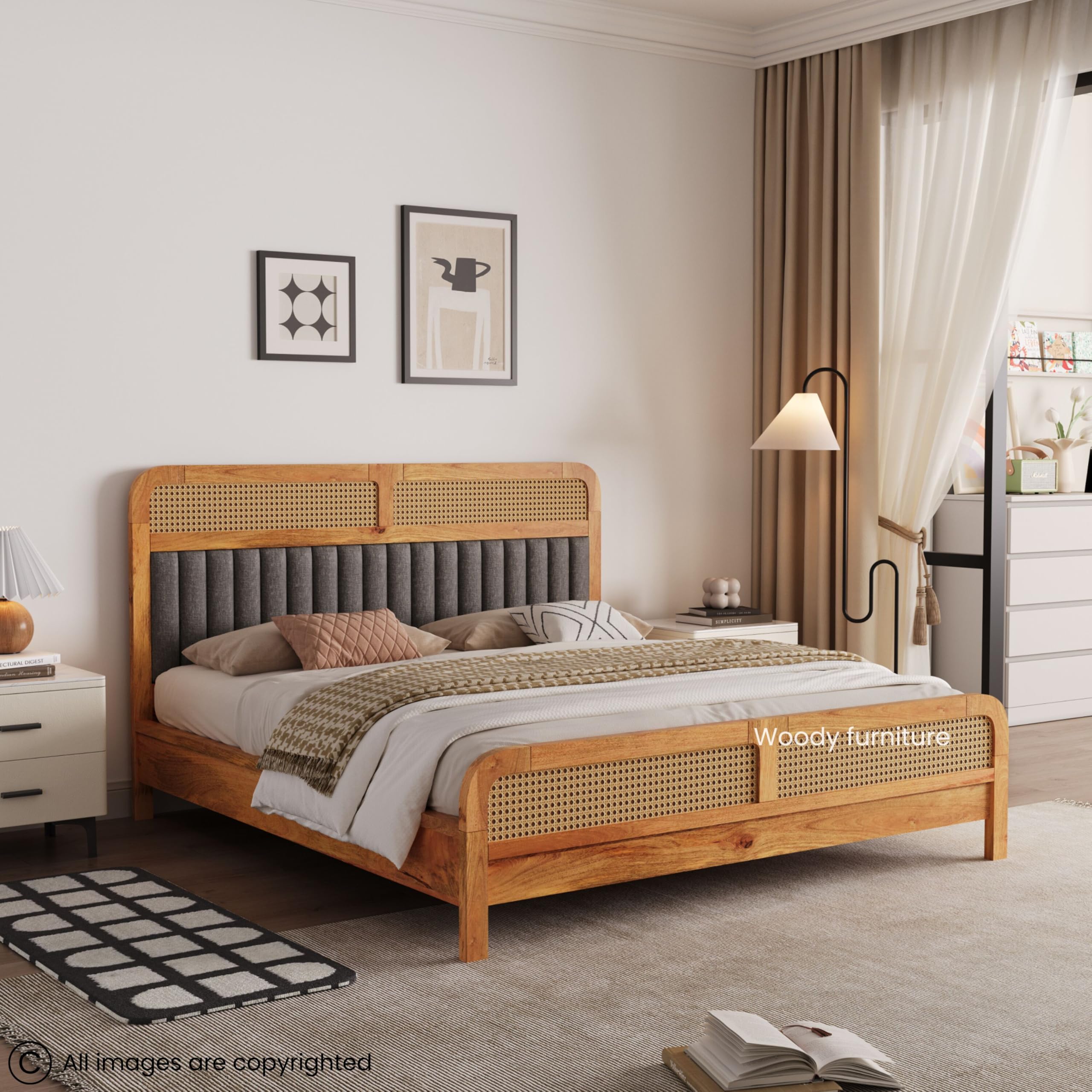 WOODY Furniture™ Solid Sheesham Wood King Size Bed Without Storage | Rattan Cane & Upholstered Headboard | Wooden Double Bed Cot Palang for Bedroom, Living Room Hall, Home, Office, Hotel (Honey)-image-22