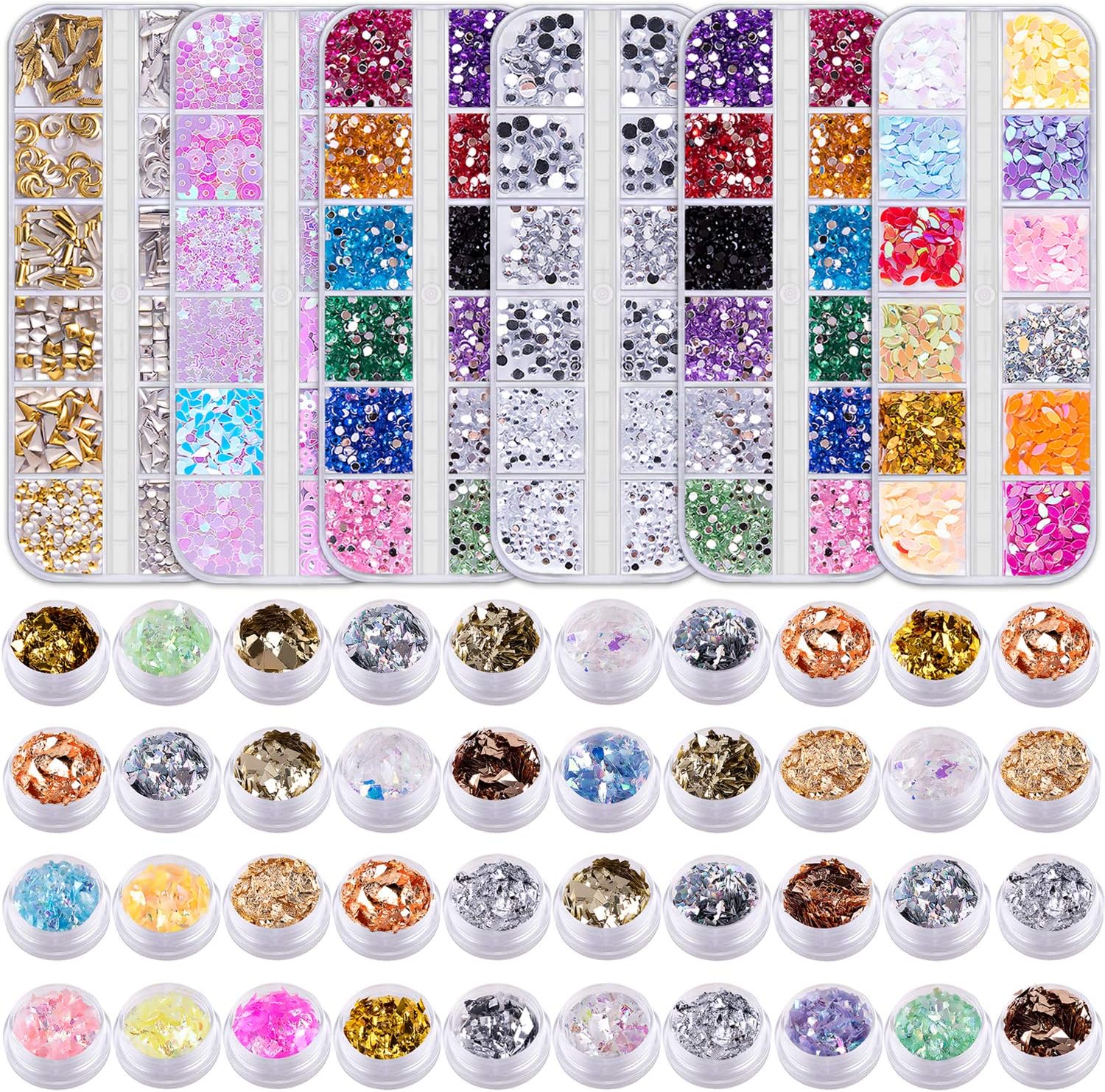 Duufin 6 Boxes Nails Art Rhinestones and 40 Pots Foil Flakes, Nail Gems