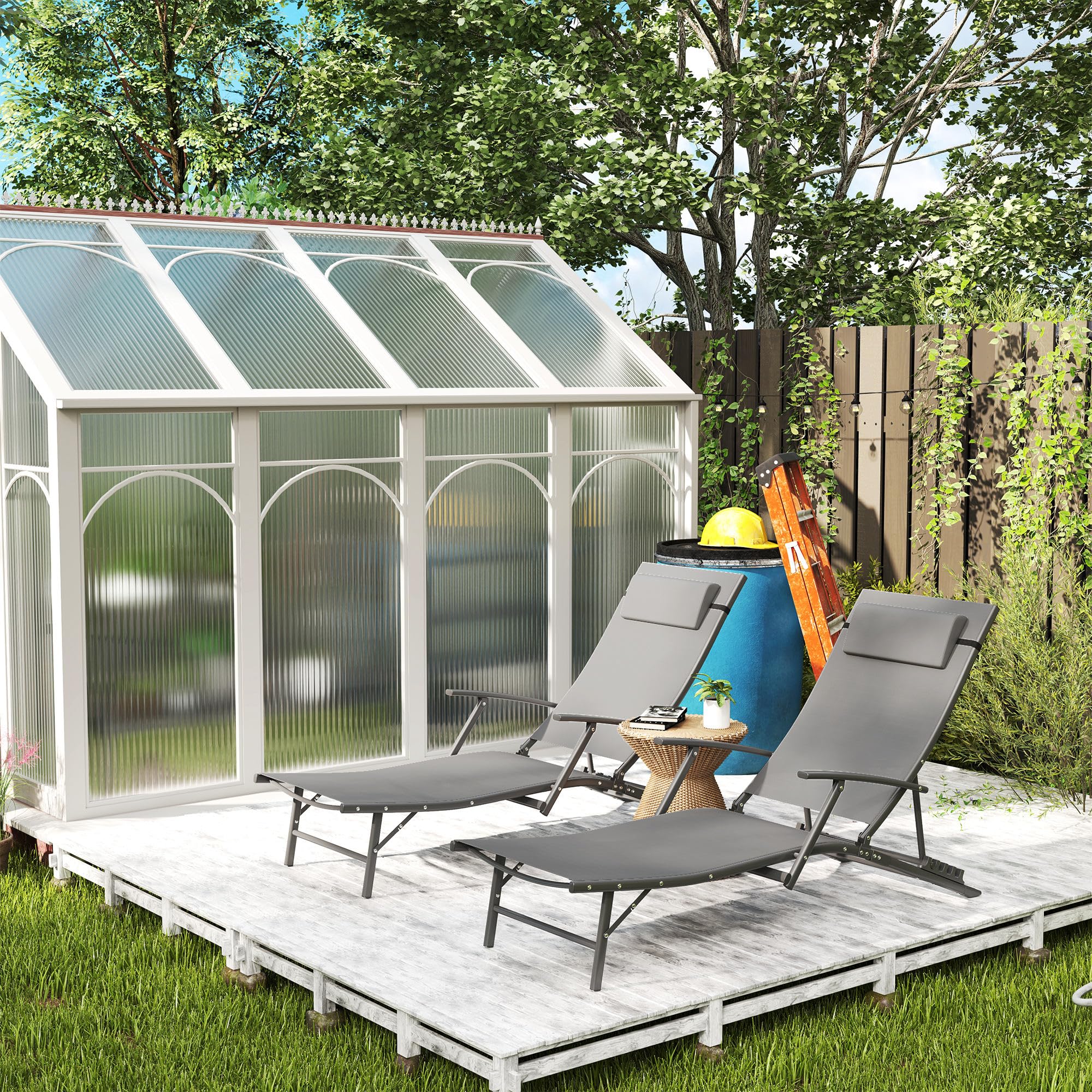 Outsunny Set di 2 Lettini Prendisole Pieghevoli 64x168x75 cm Grigio | Schienale Regolabile su 4 Livelli, Sdraio da Giardino, Seduta e Poggiatesta in Acciaio e Textilene, per Spiaggia e Piscina