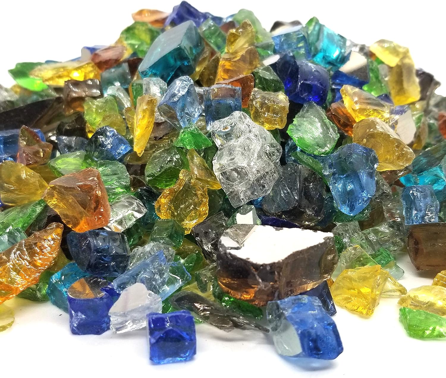 (10 Pounds) Premium Reflective Blended Fire Glass, Tempered for Fire Pit & Fireplace Amber, Azuria, Ocean, Green, Yellow, Clear (Sea Glass)