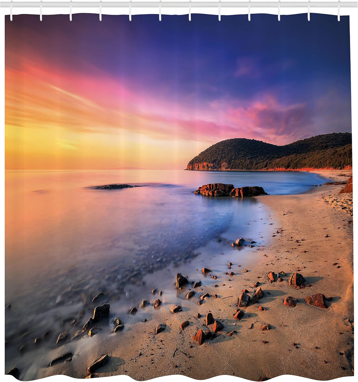 Ambesonne Beach Shower Curtain, Famous Mediterranean Sun Rise on The Coast Pebbles Tourism Serene View Print, Cloth Fabric Bathroom Decor Set with Hooks, 69" W x 75" L, Indigo Camel Sea Blue