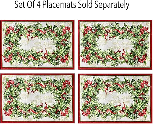 Miniatura 5 de Mantel Newbridge Holly Ribbon Traditions de tela, de Navidad, con bordes de flores de acebo y bayas, diseño de guirnalda de cinta, fácil cuidado,