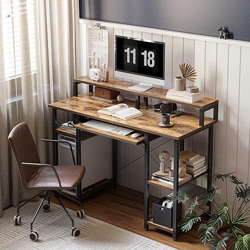 Miniatura 8 de BANTI Escritorio para computadora de 47 pulgadas con estantes de almacenamiento, soporte para monitor, bandeja para teclado, escritorio de oficina