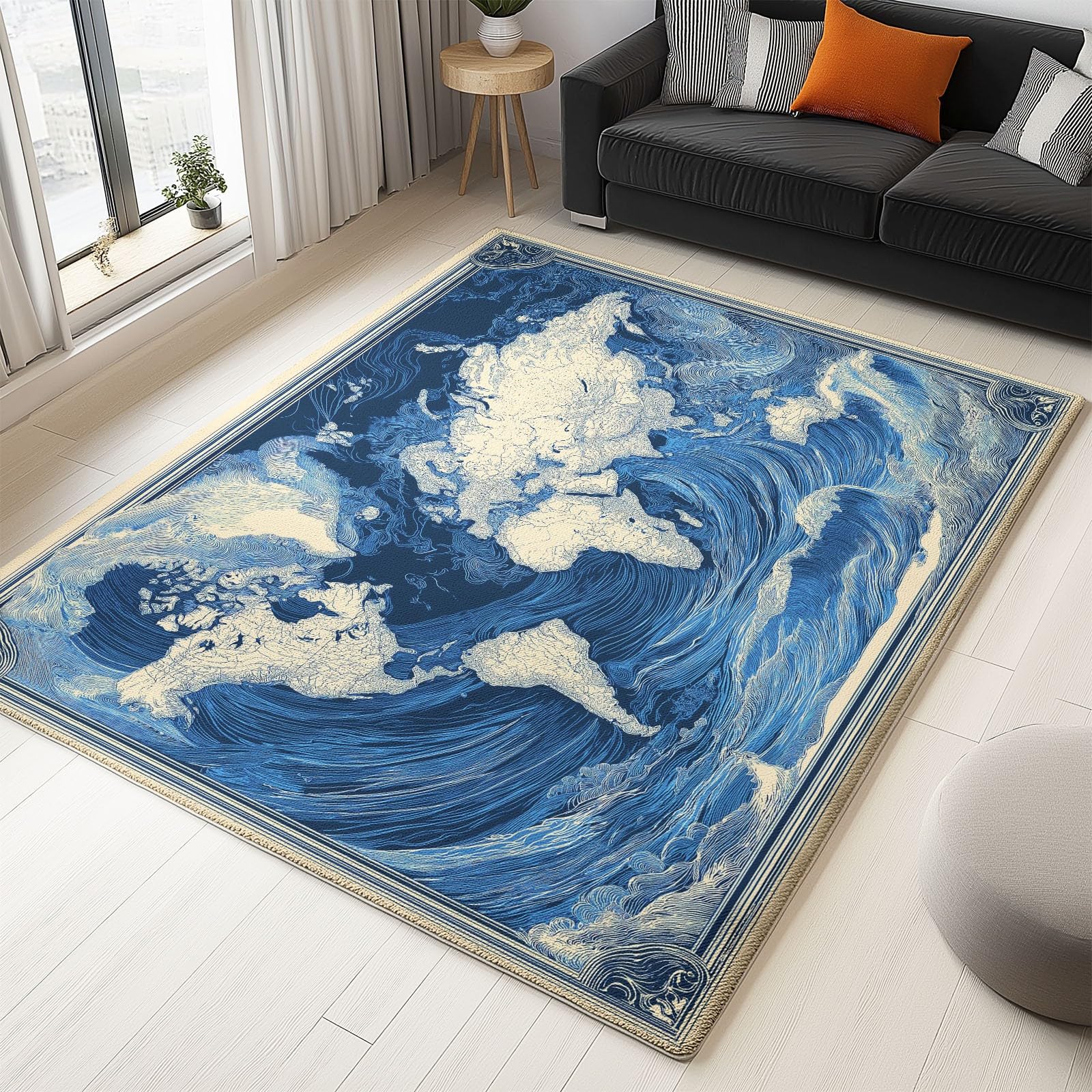 Générique Tapis Salon Affiche Rétro Carte du Monavec Vagues L'Océan 90 x 150 cm Tapis Chambre Impression 3D Moderne, Bleu Moquette Antidérapant Lavable Machine, pour Salon Salle à Manger Bureau