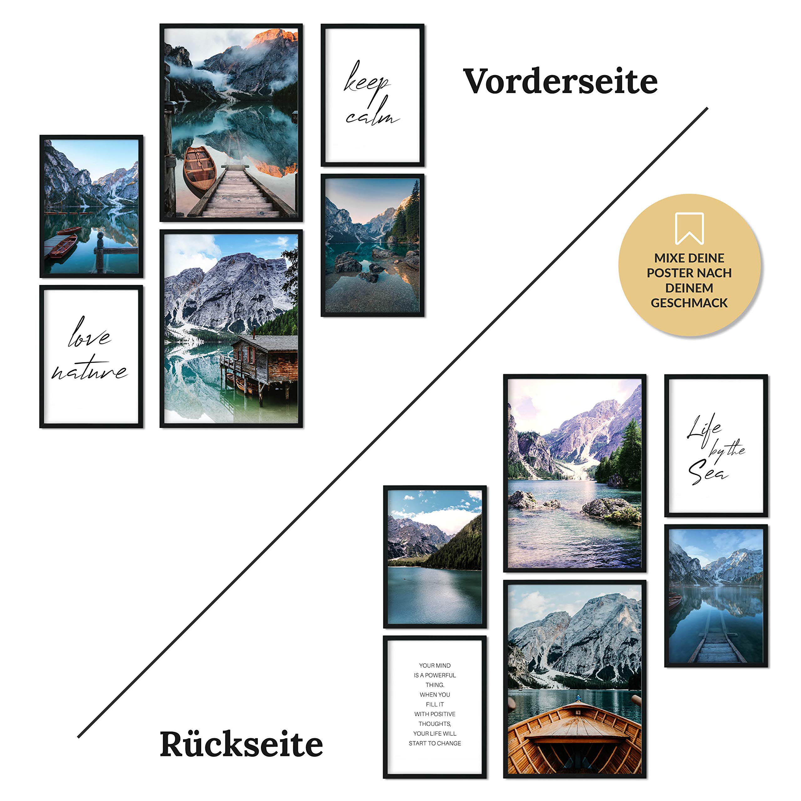 Poster 6er Set Beidseitige Bilder - Stilvolle Home Deko für Schlafzimmer und Wohnzimmer | Poster Vintage Set Traumfänger Boho A3 | A4 (Bergsee, A4 | A5 in Holzrahmen (schwarz))