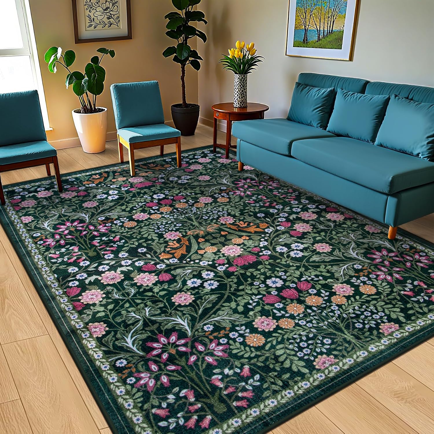 Vintage Floral Soft Washable Area Rug: Stylish Stain-Resistant Carpet for Any Room