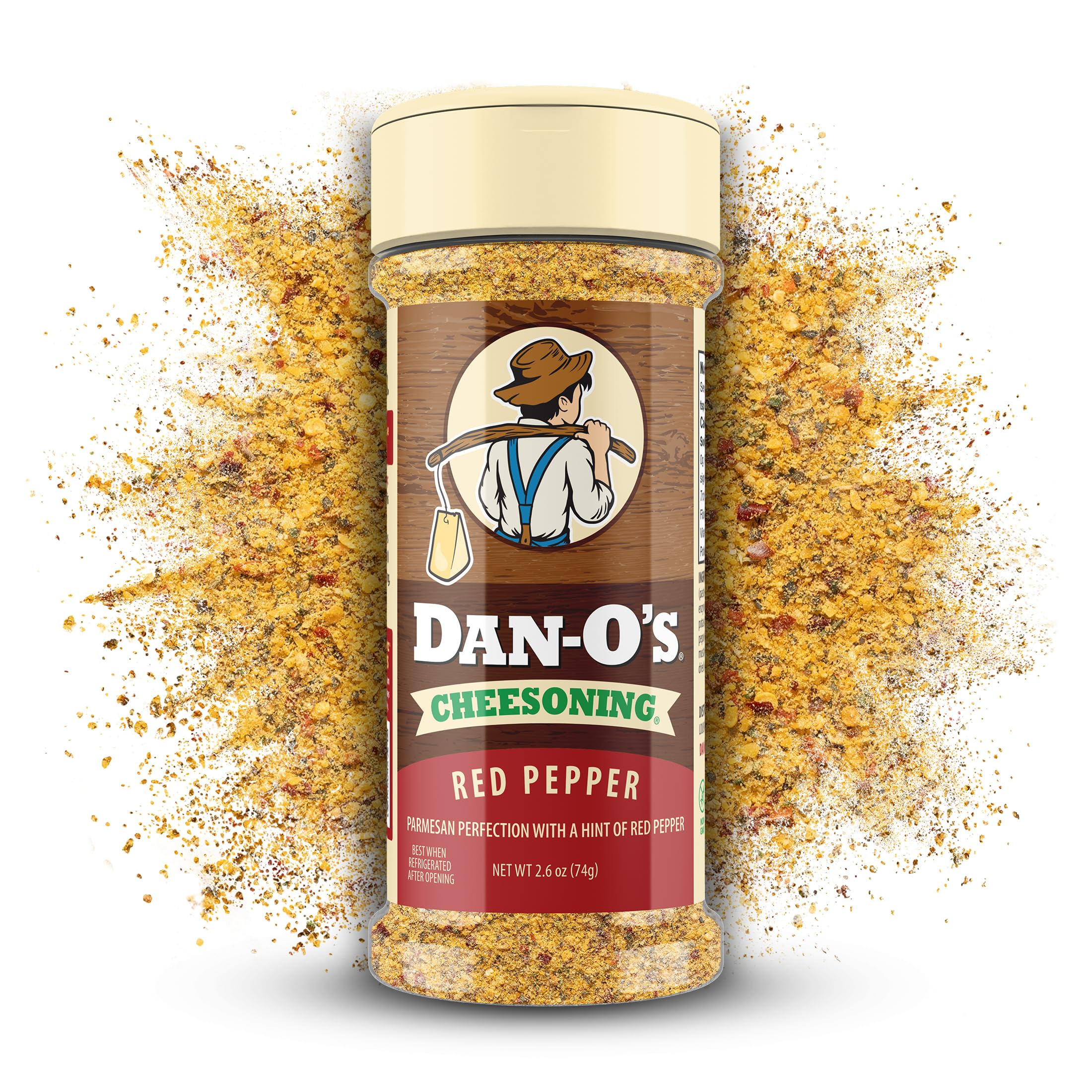 Dan-O's Red Pepper Cheesoning Seasoning, 2.6 oz Bottle, Cheesy Seasoning for Pizza, Popcorn, Chicken, Pasta and More, Sugar Free, Zero Calorie, Bold Parmesan Cheese Replacement for your Favorite Food