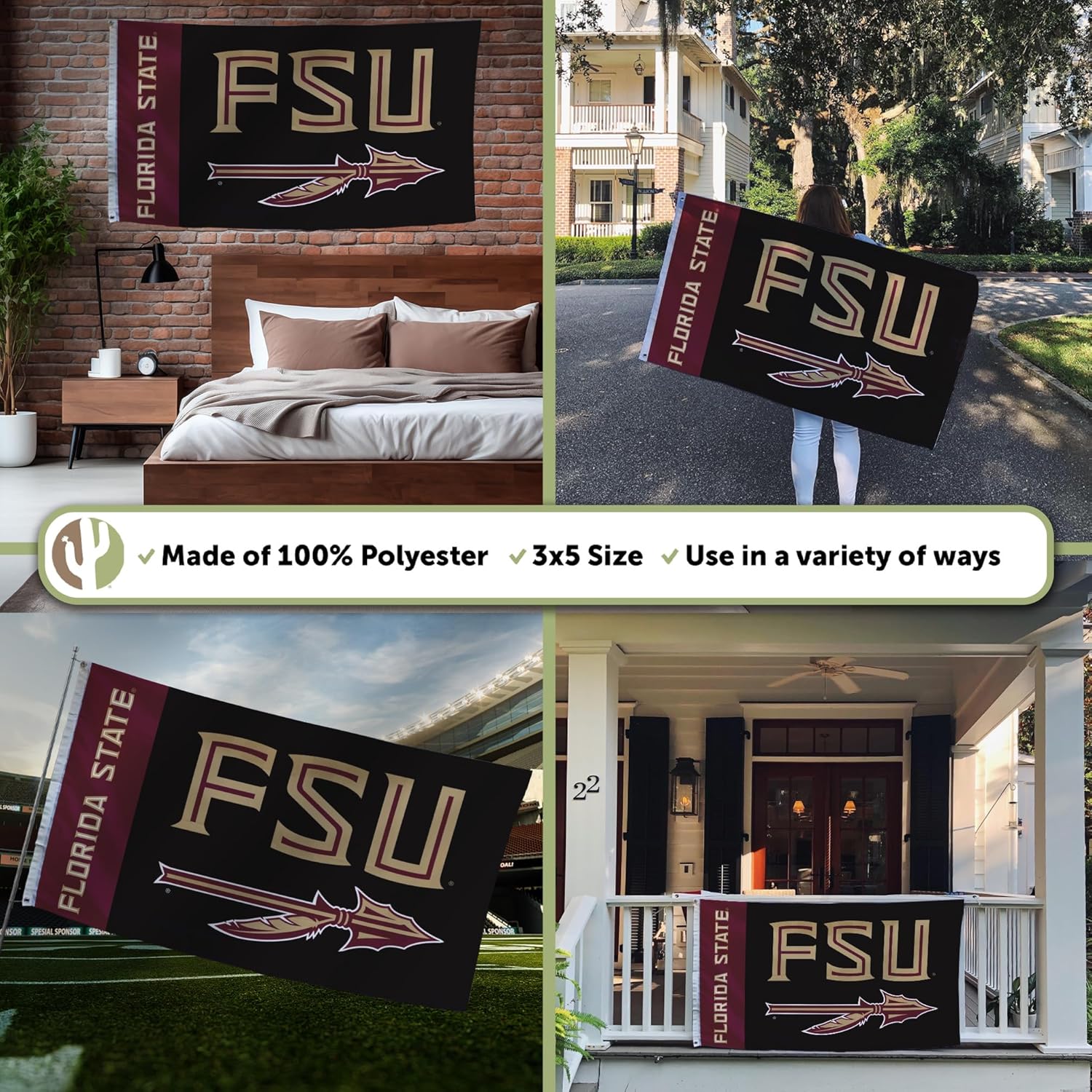 Desert Cactus Florida State University FSU Flag - 3 x 5 Feet Seminoles Banner, Indoor/Outdoor Durable Fabric, 100% Polyester Design (Style Q)