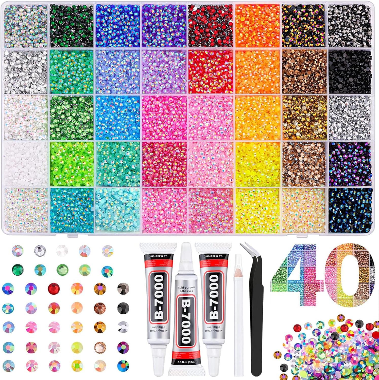 32000 Nail Art Rhinestones, 40 Colors 3 mm Resin Bedazzling kit with Glue, Pick Up Tweezers and Pen,Flat Back Crystals for DIY Art Crafts Decoration Clothes Shoes