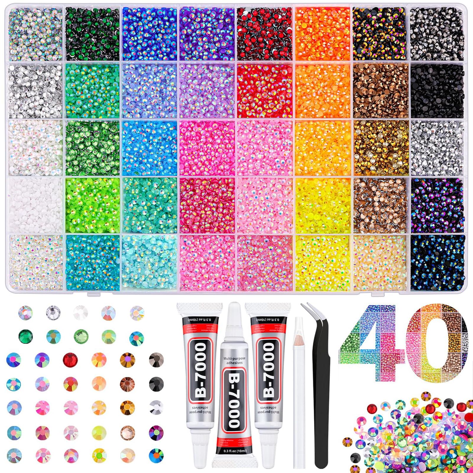 32000 strass per nail art, 40 colori, 3 mm, in resina, kit con colla, pinzette e penna, cristalli con retro piatto, per fai da te, artigianato, decorazione, vestiti, scarpe