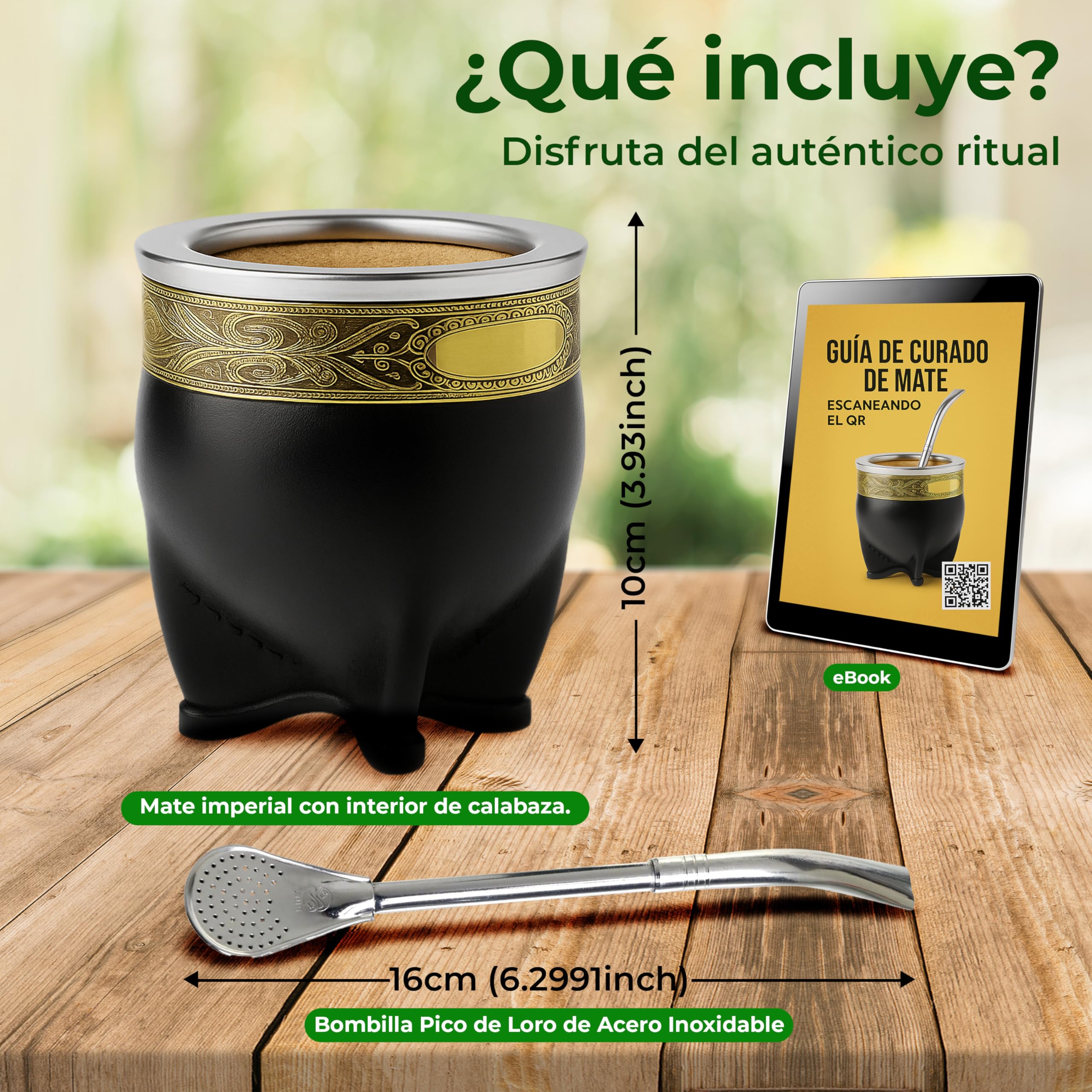 Kit Mate Imperial Premium + Bombilla Mate Pico de Loro | Vaso Calabaza Artesano y Bombilla de Acero Inoxidable Ideal para Regalar o Tomar diariamente | Incluye Guía de Curado