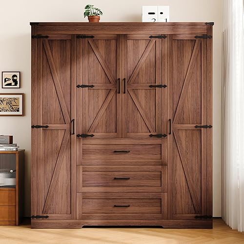 Miniatura 3 de Armario de 4 puertas con 3 cajones y cajones, armario de dormitorio de granja con barra para colgar y estantes ajustables, armario de almacenamiento