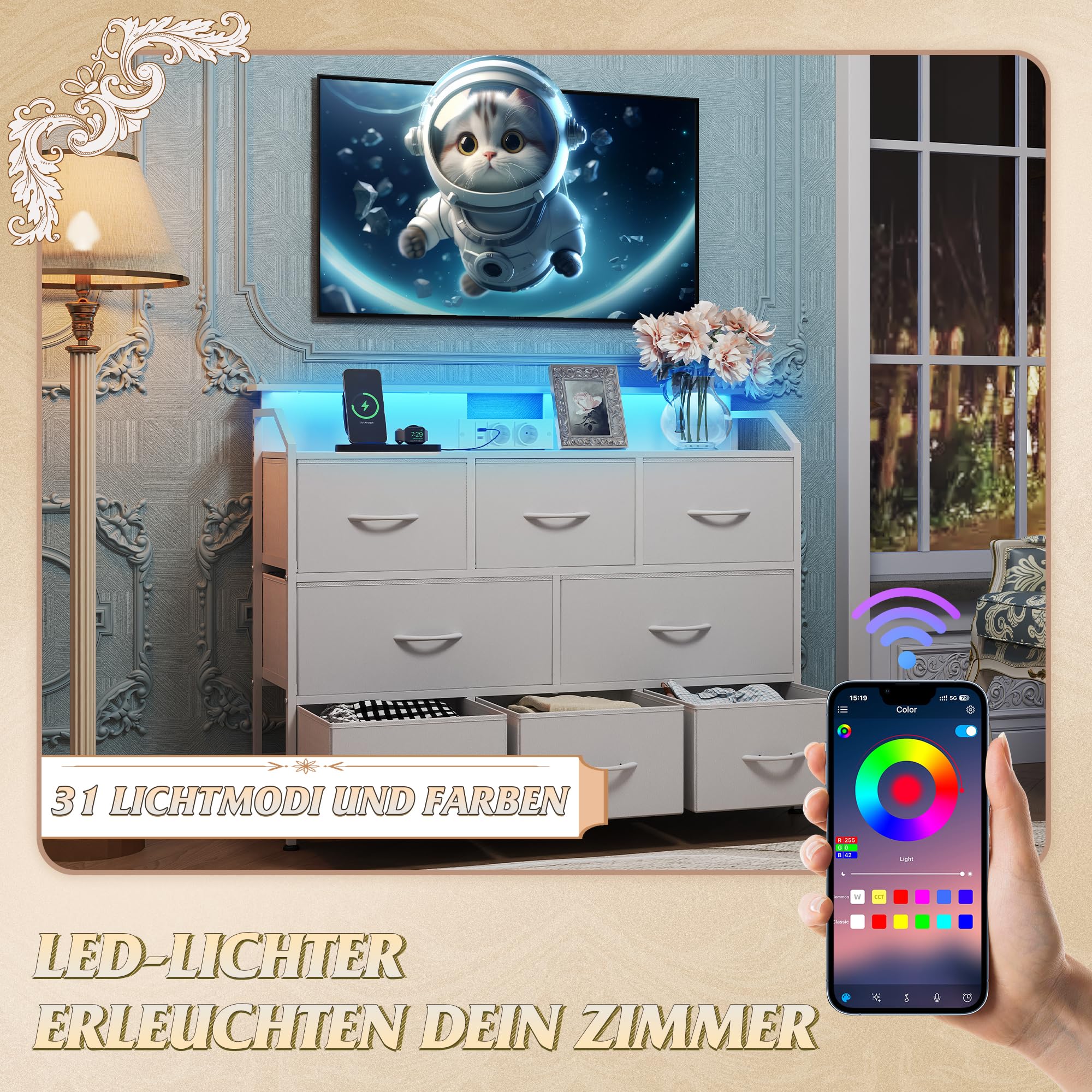WLIVE Kommode mit LED-Beleuchtung und Ladestation, 8 geräumige und Tiefe Schubladen mit Stoffbezug, Holzplatte und stabiles Stahlgestell für Wohnzimmer und Schlafzimmer (Weiß mit Holzmaserung)