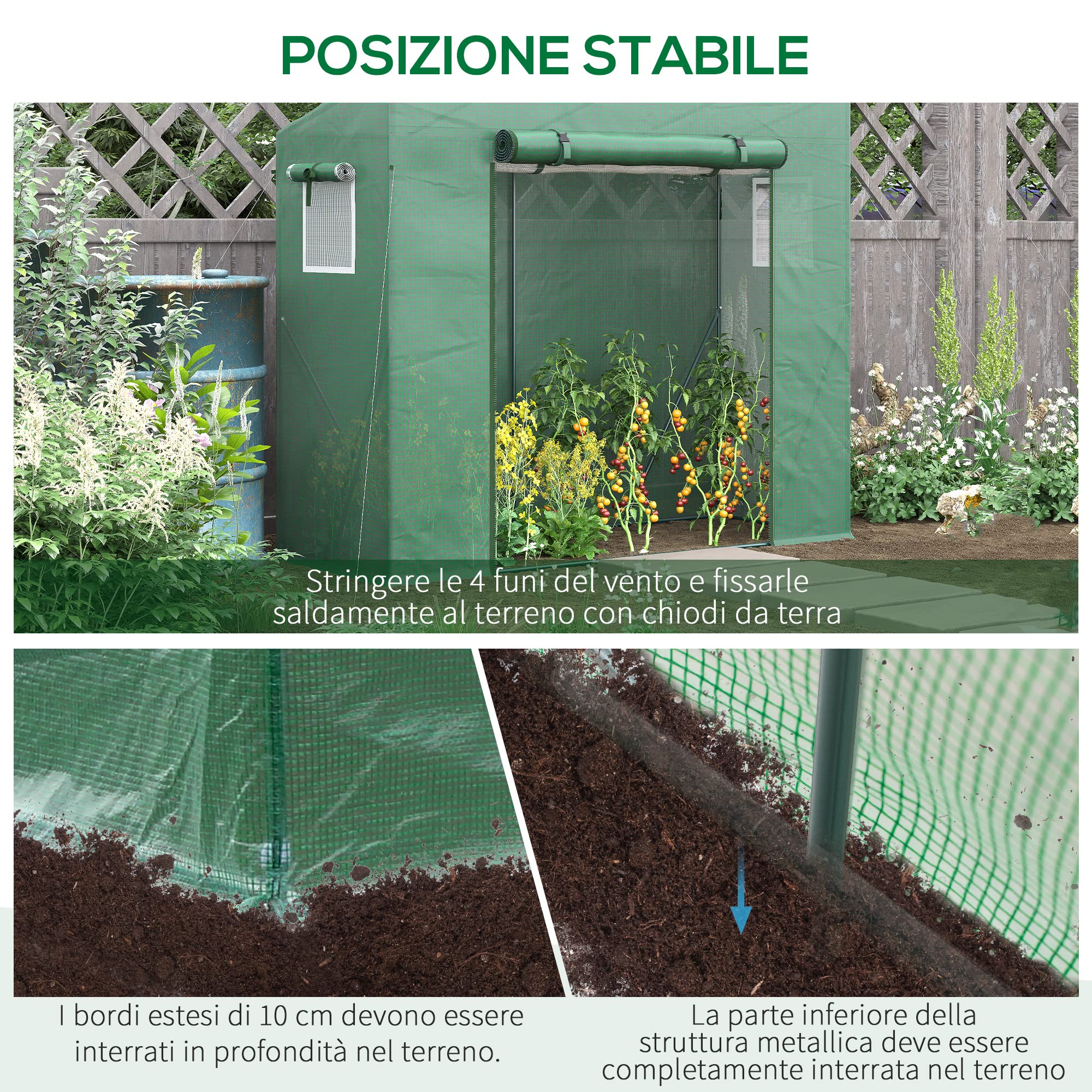 Diagram showing how to secure the greenhouse with stakes and by burying the cover edges and frame base