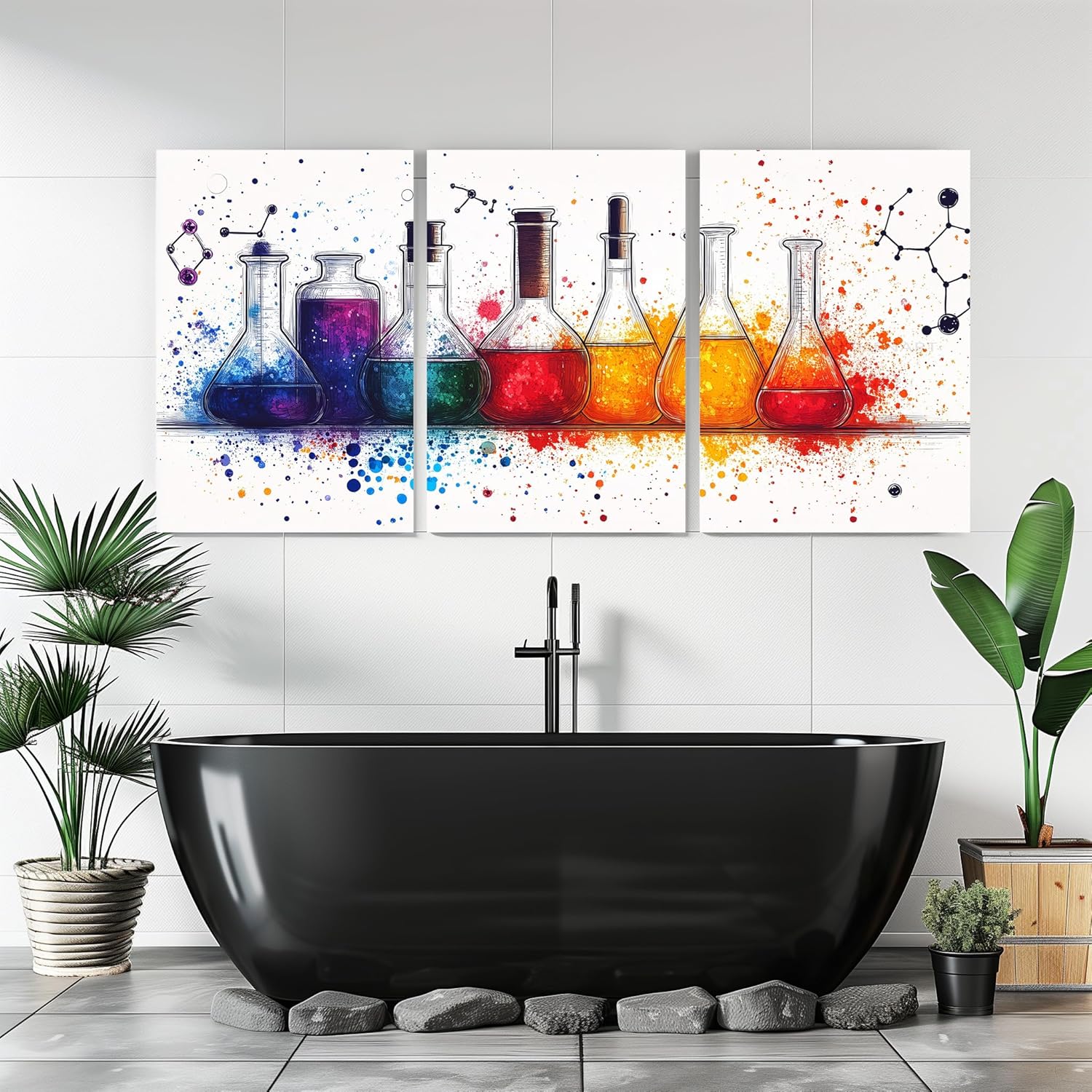 LANZHENZHENART 3Pcs Watercolor Chemistry Laboratory Wall Art Cool Science Canvas Painting Prints For Home Dining Room Living Room Wall Decor Poster Artwork(12" x 18" x 3 Panels Framed)
