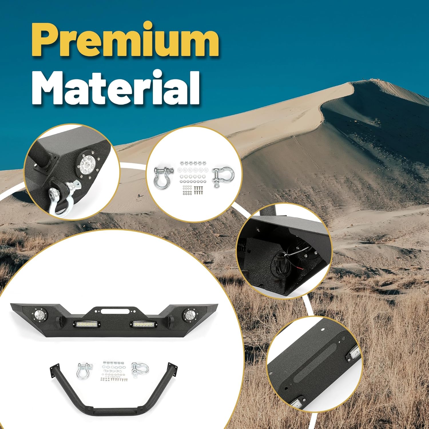 Exploded view of the ECOTRIC Front Bumper components, including the main bumper, bull bar, D-rings, and mounting hardware, against a desert background.
