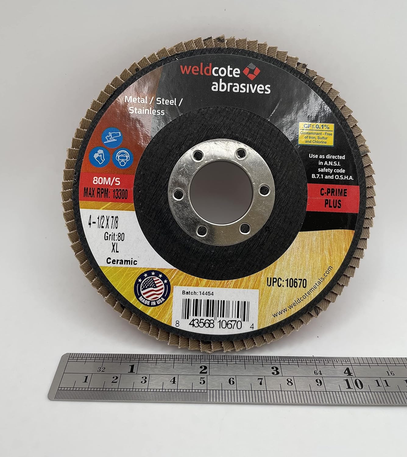 Flap Discs, C-Prime-100% Ceramic, XL, 4 1/2", 80 Grit, 7/8 Arbor, 13,300 RPM, T27 (10 Pack)
