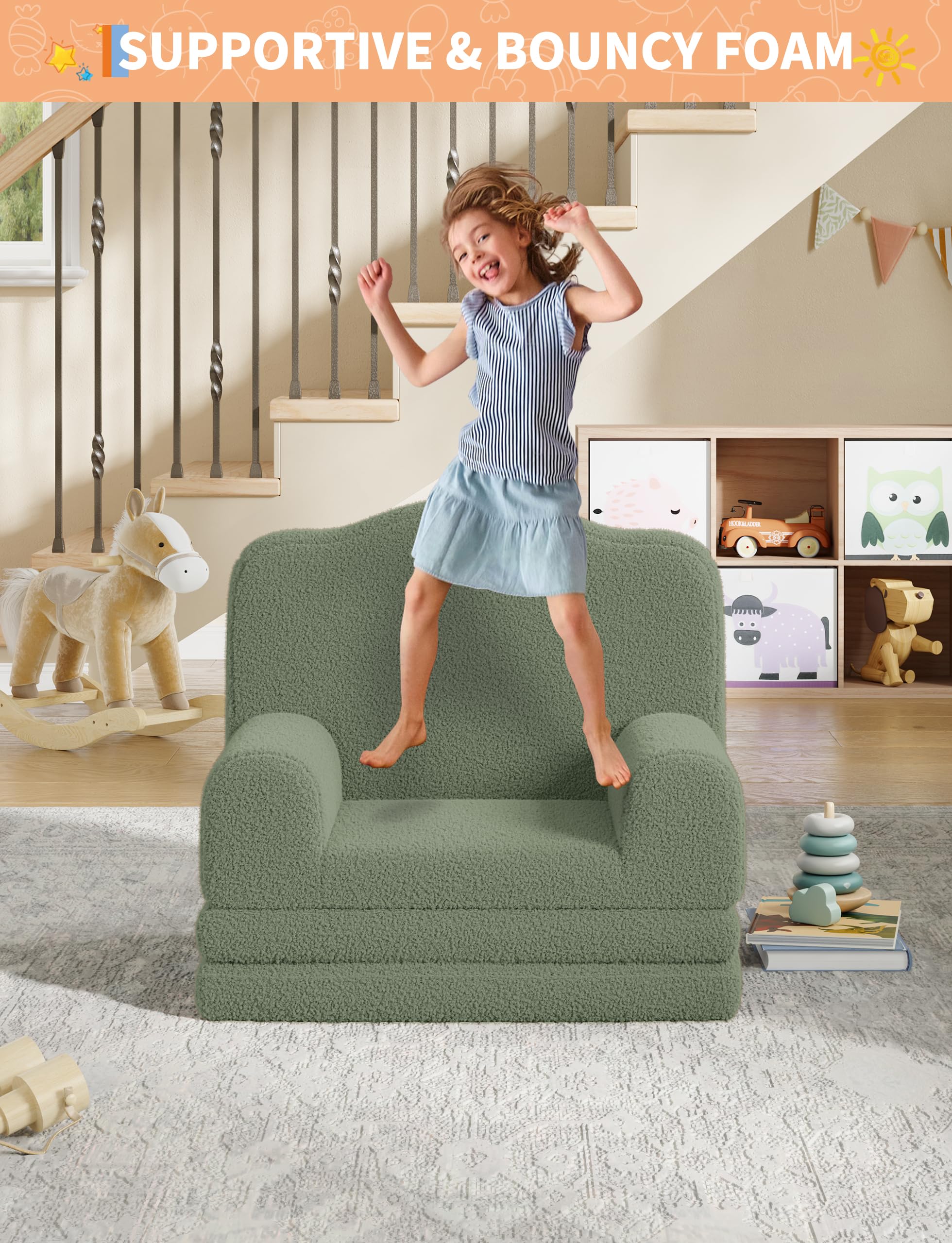 IDEALHOUSE Sofa dziecięca 2 w 1, składana i używana jako fotel, zielona
