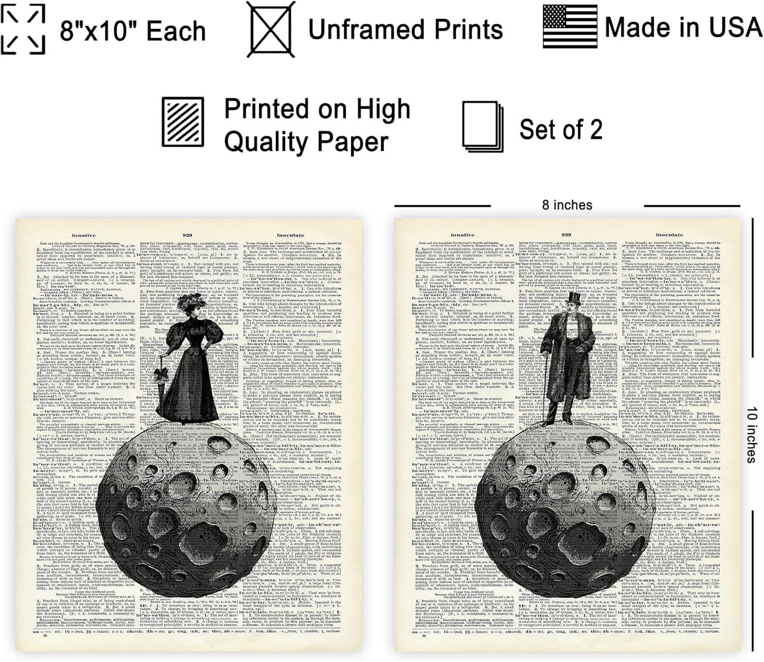 Poster Master 2-Piece Man And Woman on Moon Print - Dictionary Poster - Victorian Art - Lunar Gift for Men & Women - Great Decor for Bedroom, Office or Living Room - 8x10 UNFRAMED Wall Art