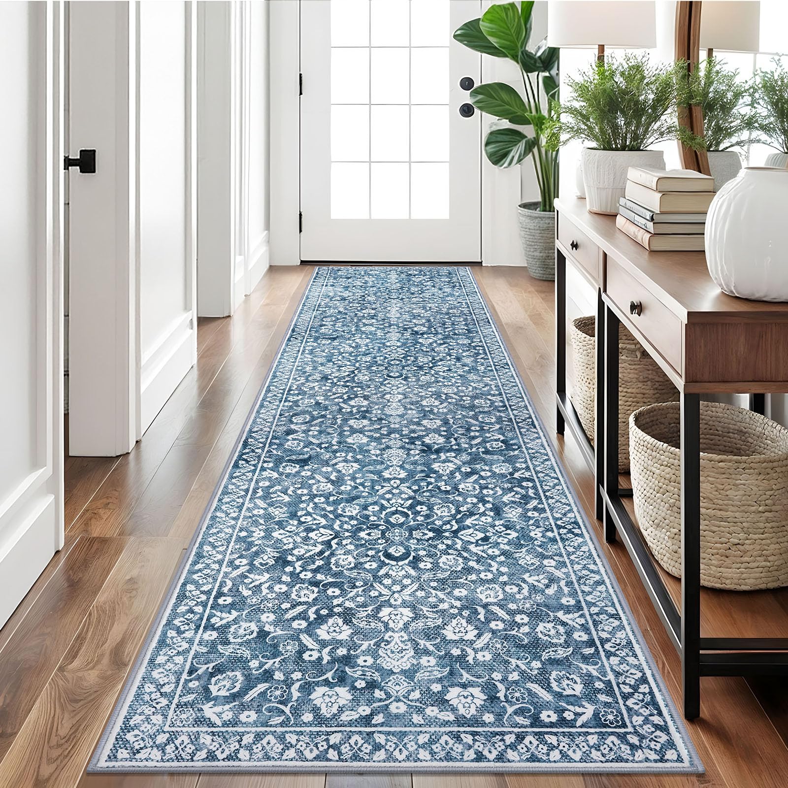 SILOLOOM Vintage 2.6x10 Hallway Runner, Blue and White Washable Non-Slip Long Hallway Carpet, Super Soft Kitchen Runner, Print Faux Wool Floral Thin Carpet for Entryway — image 1