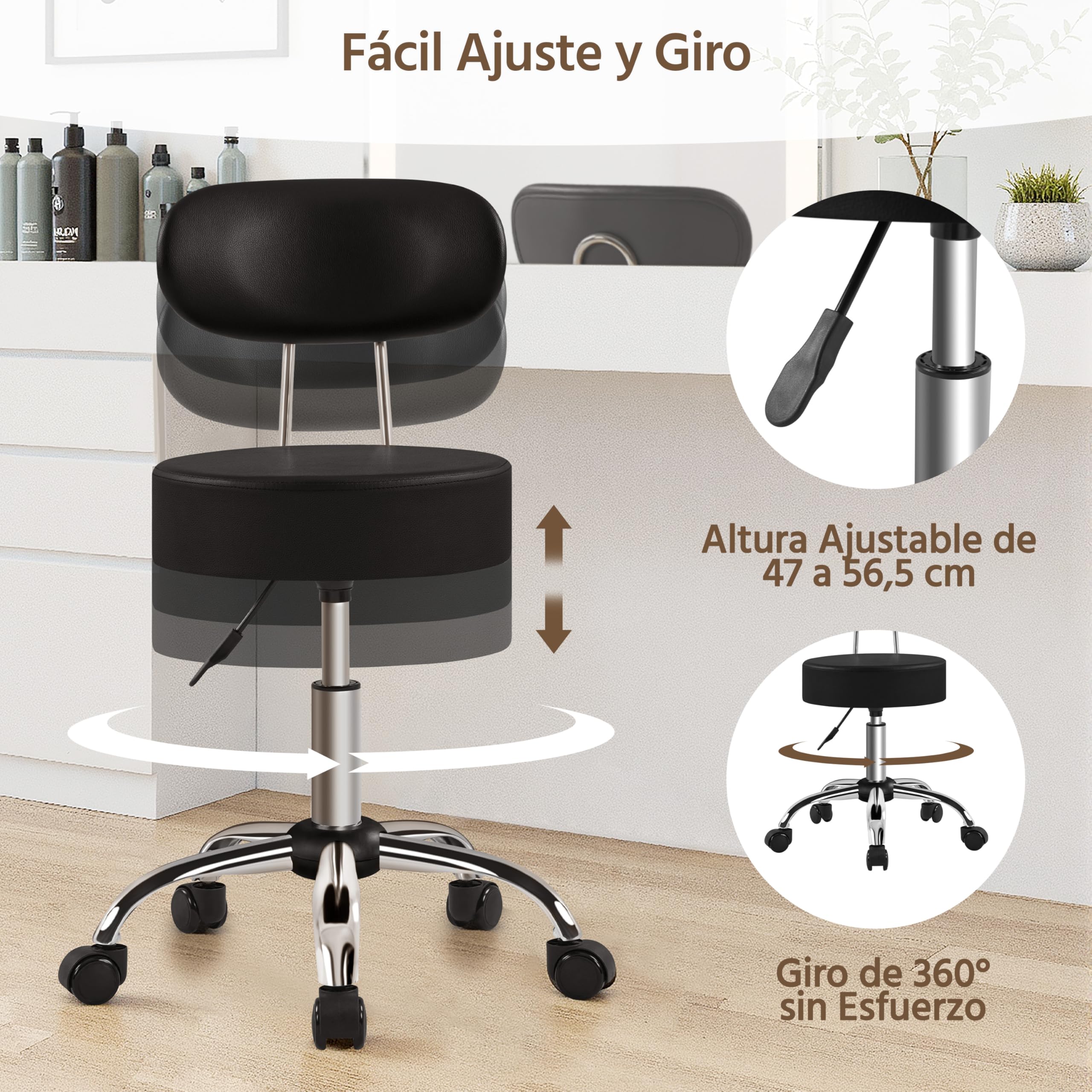 Yaheetech Taburete Giratorio Taburete con Ruedas y Respaldo con Altura Regulable 75.5-85 cm Asiento Tapizado de Polipiel Sintético para Oficina Dormitorio Negro