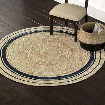 Round Area Rug Hand Woven 100% Natural Jute 3 Feet Round - Reversible Boho Jute Rugs - Eco Friendly Rugs for Bedroom Kitchen Living Room Farmhouse Home Decor Beige and Black Line