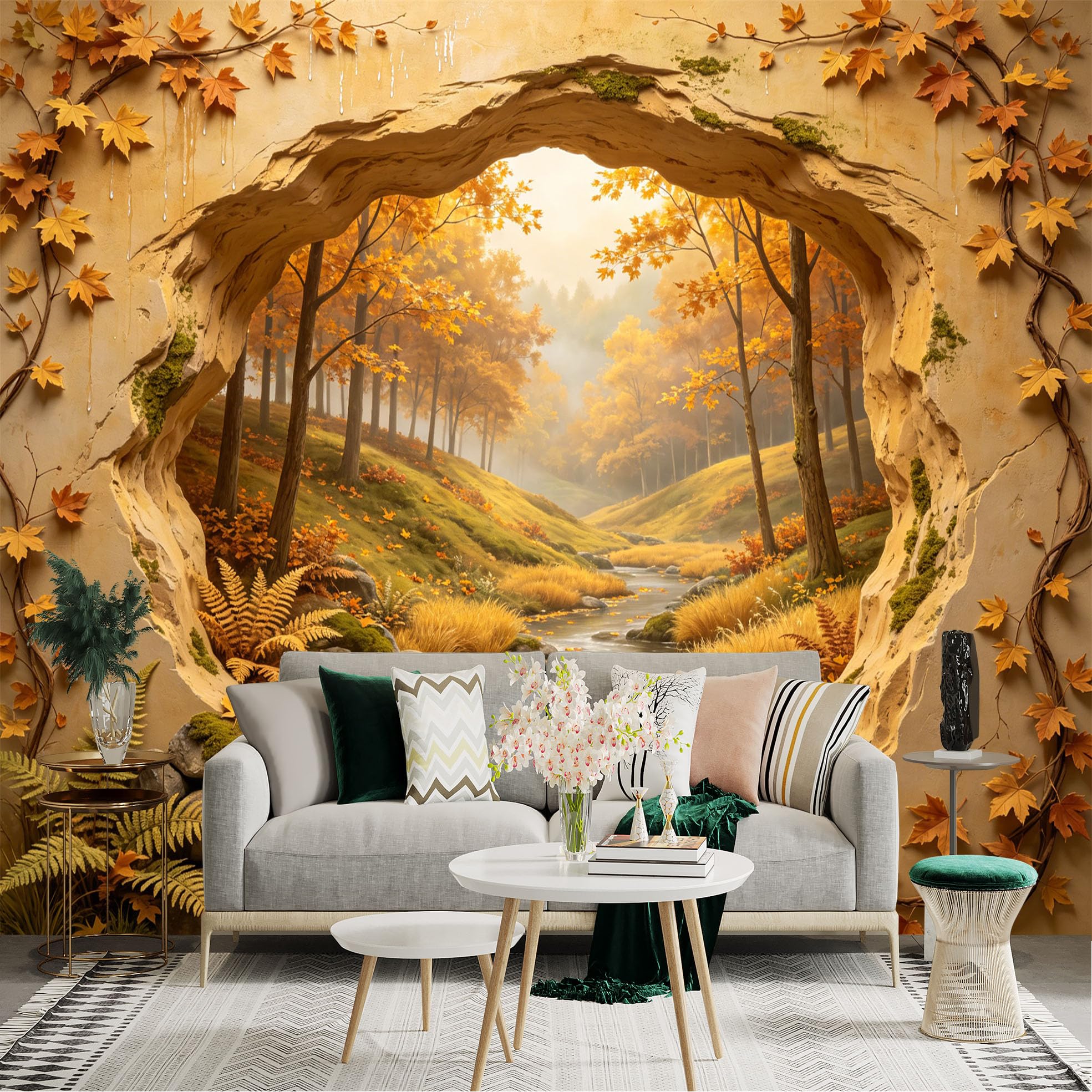 Custom Size Wall Sticker Mural， Autumn Forest with River， Golden Leaves and Rocky Landscape， for wall Decoration， peelandstick wall Decals.
