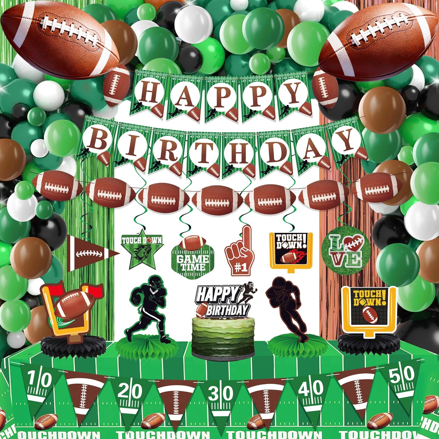 Football Birthday Party Decorations, Include Balloon Arch, Happy Birthday Banners,Hanging Swirls,Cake Toppers, Tablecloth,Football Bowl Game Sport