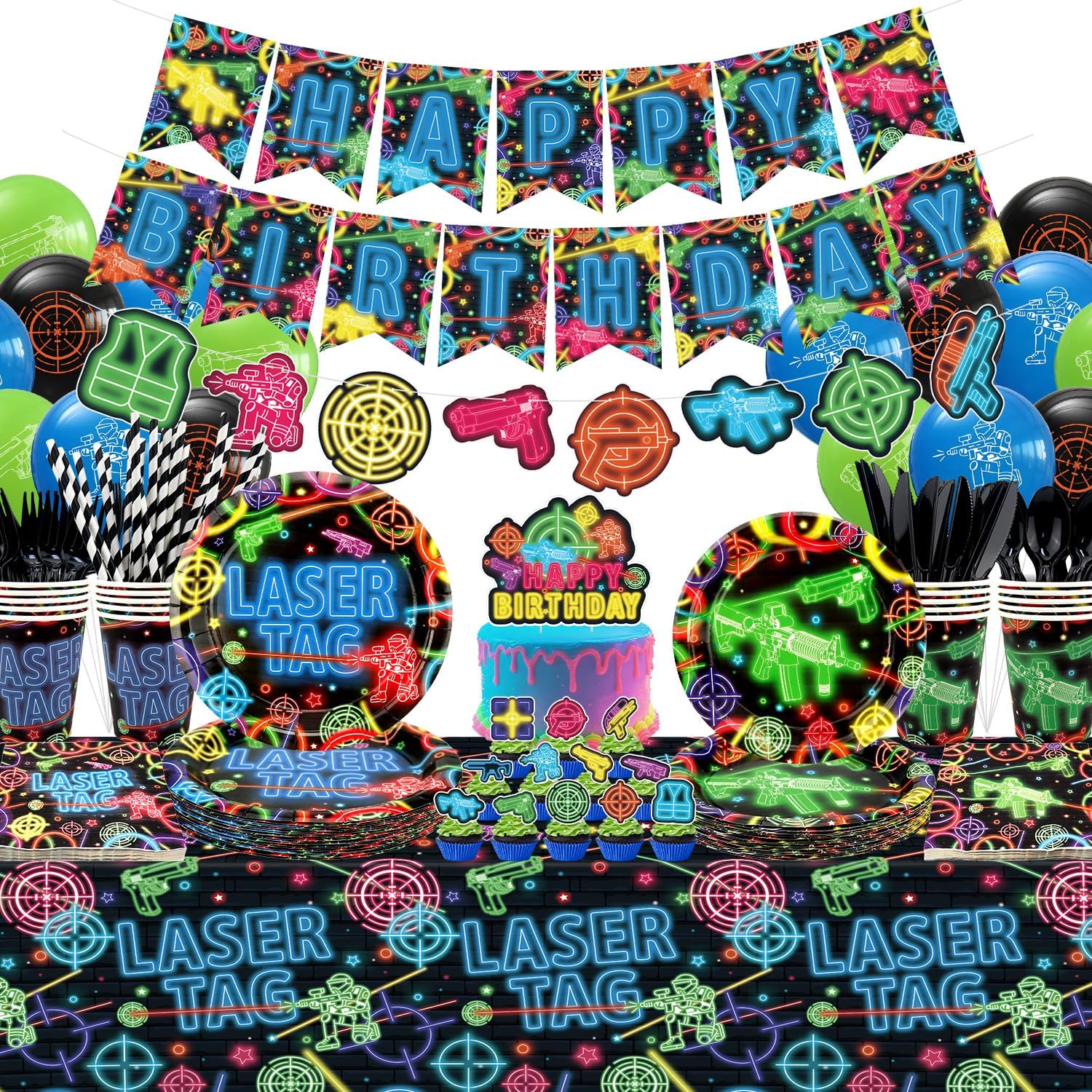 Laser Tag Party Decorations, Laser Tag Party Supplies, Plates Cups Napkins Tablecloth Neon Glow theme Banner Balloon Cake Toppers for Shooting Game Neon Glow Party Supplies, Serves 20