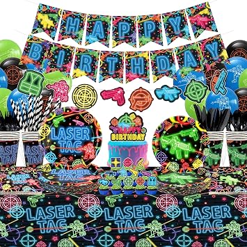 Laser Tag Party Decorations, Laser Tag Party Supplies, Plates Cups Napkins Tablecloth Neon Glow theme Banner Balloon Cake Toppers for Shooting Game Neon Glow Party Supplies, Serves 20