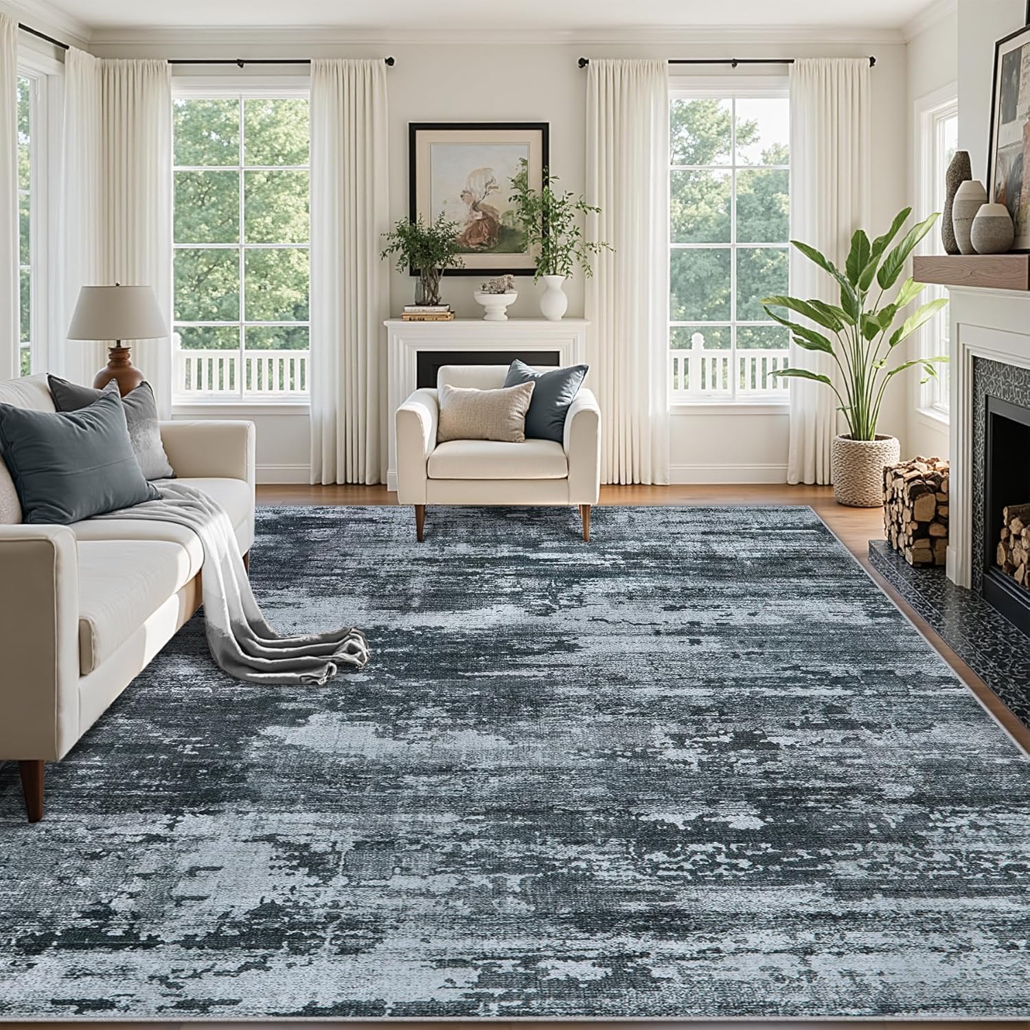 8x10 Area Rugs for Living Room?Large Machine Washable Area Rug with Non Slip Backing Non Shedding Abstract Stain Resistant Carpet for Bedroom Dining Room Nursery Home Office - Black 8' x 10' (Rectangular) Black