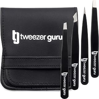 TweezerGuru 4-Piece Eyebrow Tweezer Set - Professional Slant & Pointed Precision Tweezers with Case for Women & Men, Facial Hair & Splinter Removal