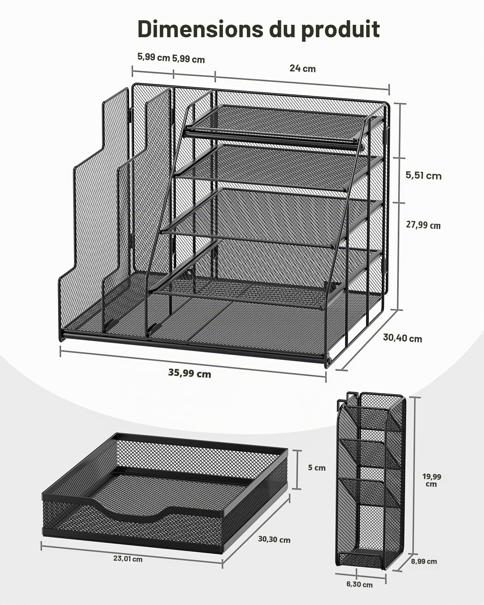 Organiseur de Bureau Avec Supports Verticaux Dossiers, Rangement Bureau Courrier à 5 Niveaux En Maille Avec Porte-Stylo Suspendu et Tiroirs, Fournitures et Accessoires Multifonctions Pour Bureau,Ecole