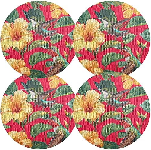 Miniatura 2 de Manteles individuales de color rojo vibrante con colibríes verdes, manteles individuales a prueba de calor, manteles individuales antideslizantes,