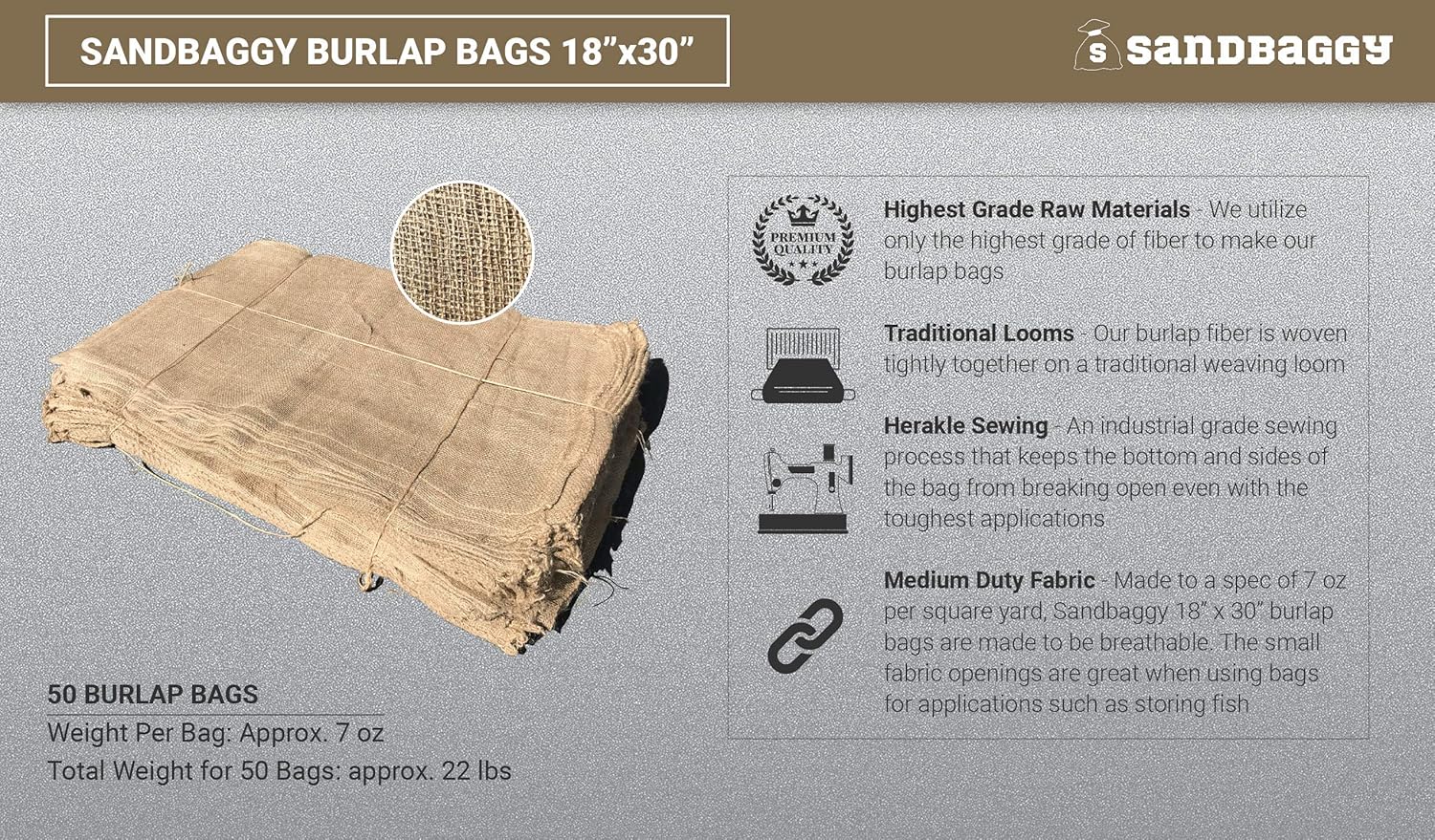 Sandbaggy Large Burlap Bags 18" x 30" - Burlap Bags for Planting/Gardening (Pack of 10)