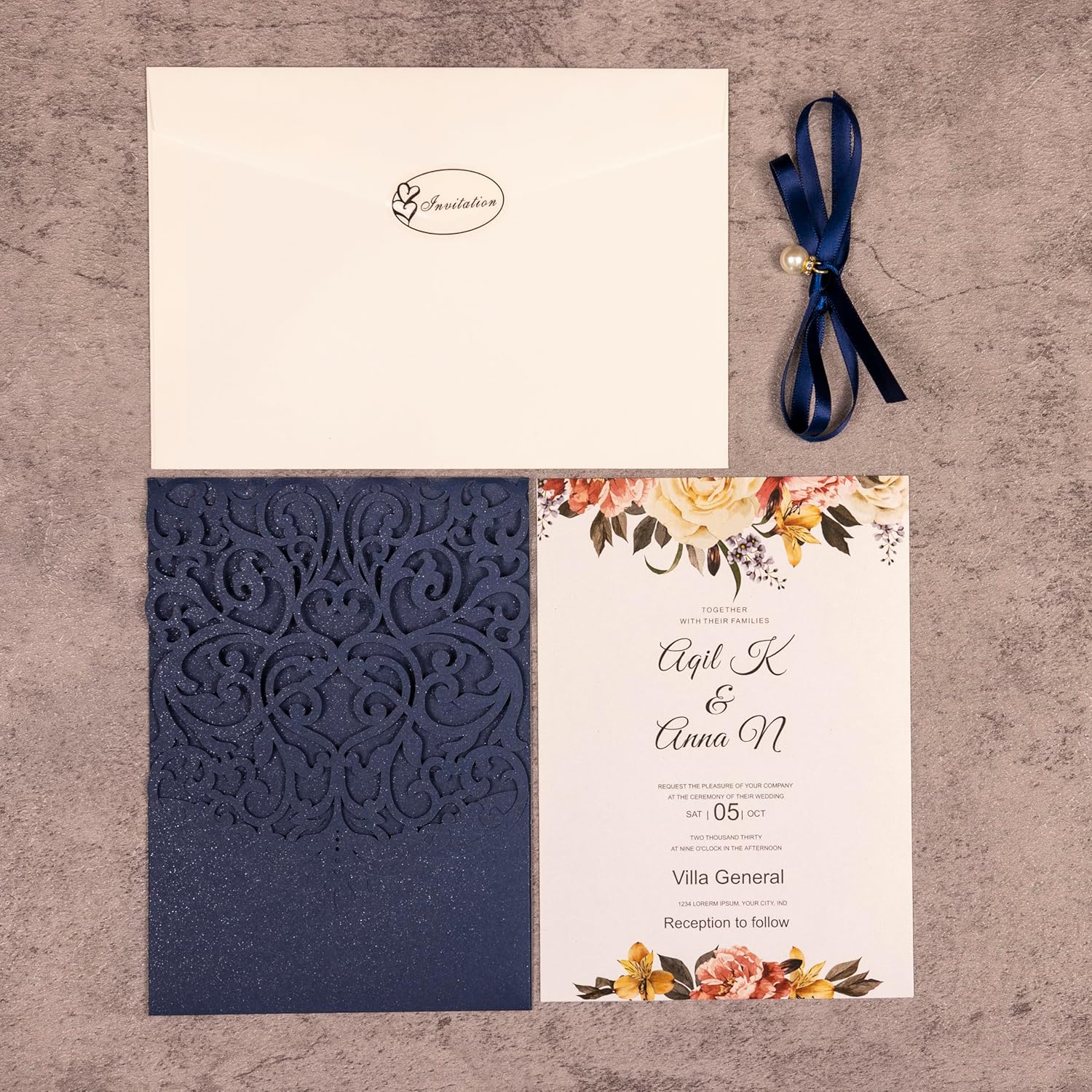 Laser Cut Invitations Navy Blue Wedding Invitation with Envelopes and Ribbon Belly Band Pearl Embellishments, Blank Inner Sheet & Rsvp Cards for Wedding Bridal Shower(5 x 7, 40 pcs)