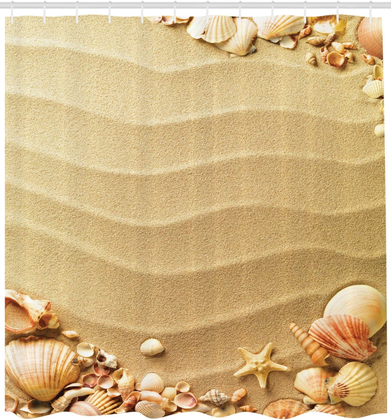 Ambesonne Beach Shower Curtain, Nautical Composition About Sandy Frame Surrounded by Various Sea Shells, Cloth Fabric Bathroom Decor Set with Hooks, 69" W x 84" L, Sand Brown Coral
