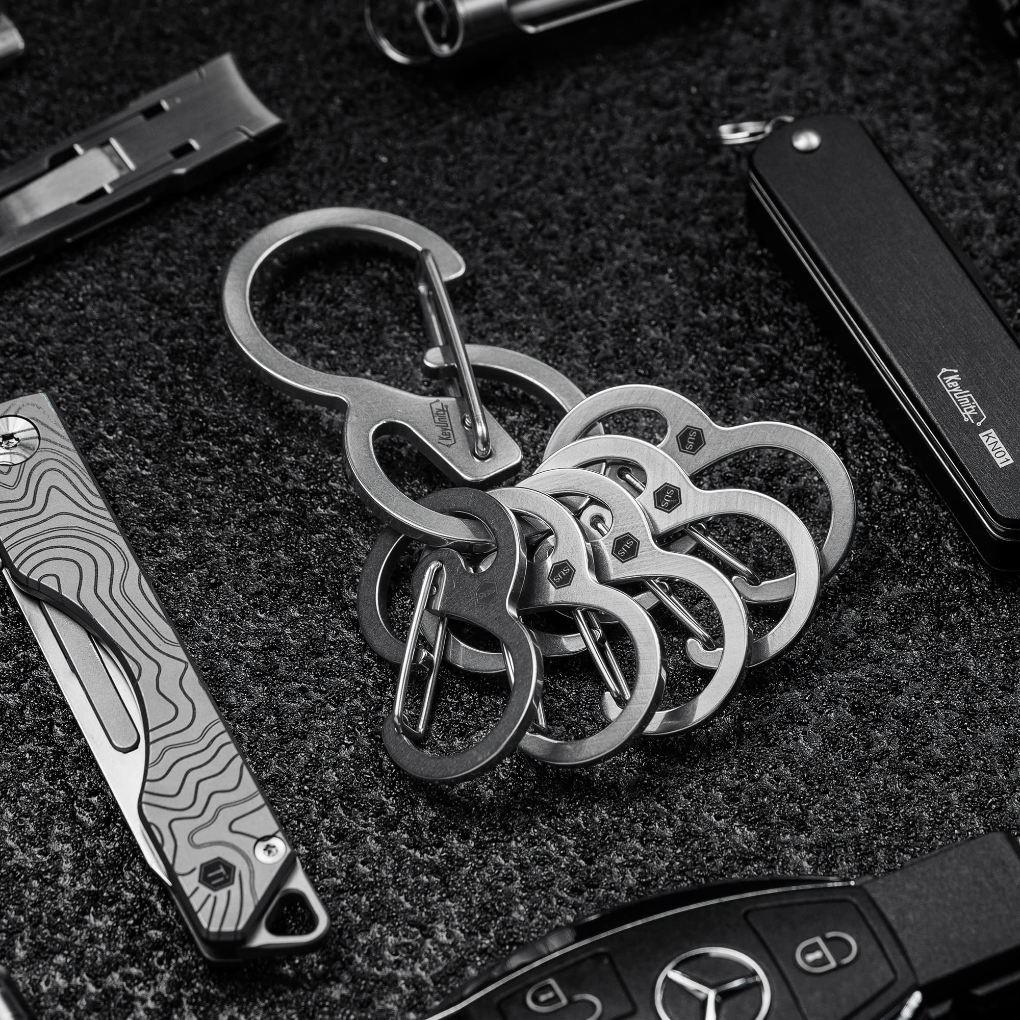 KeyUnity KS in acciaio inossidabile, clip a moschettone a sgancio rapido per chiavi, torcia, coltello pieghevole e fischietti