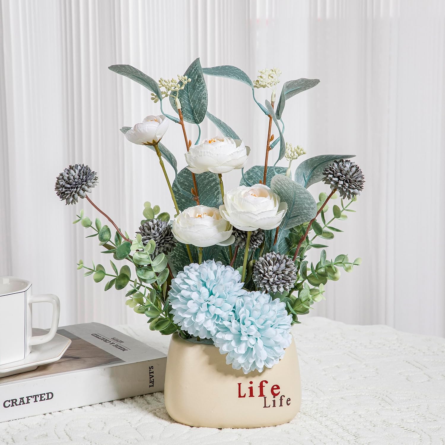 NAWEIDA Artificial Flowers in Vase,Faux Flowers in Vase for Home Decor