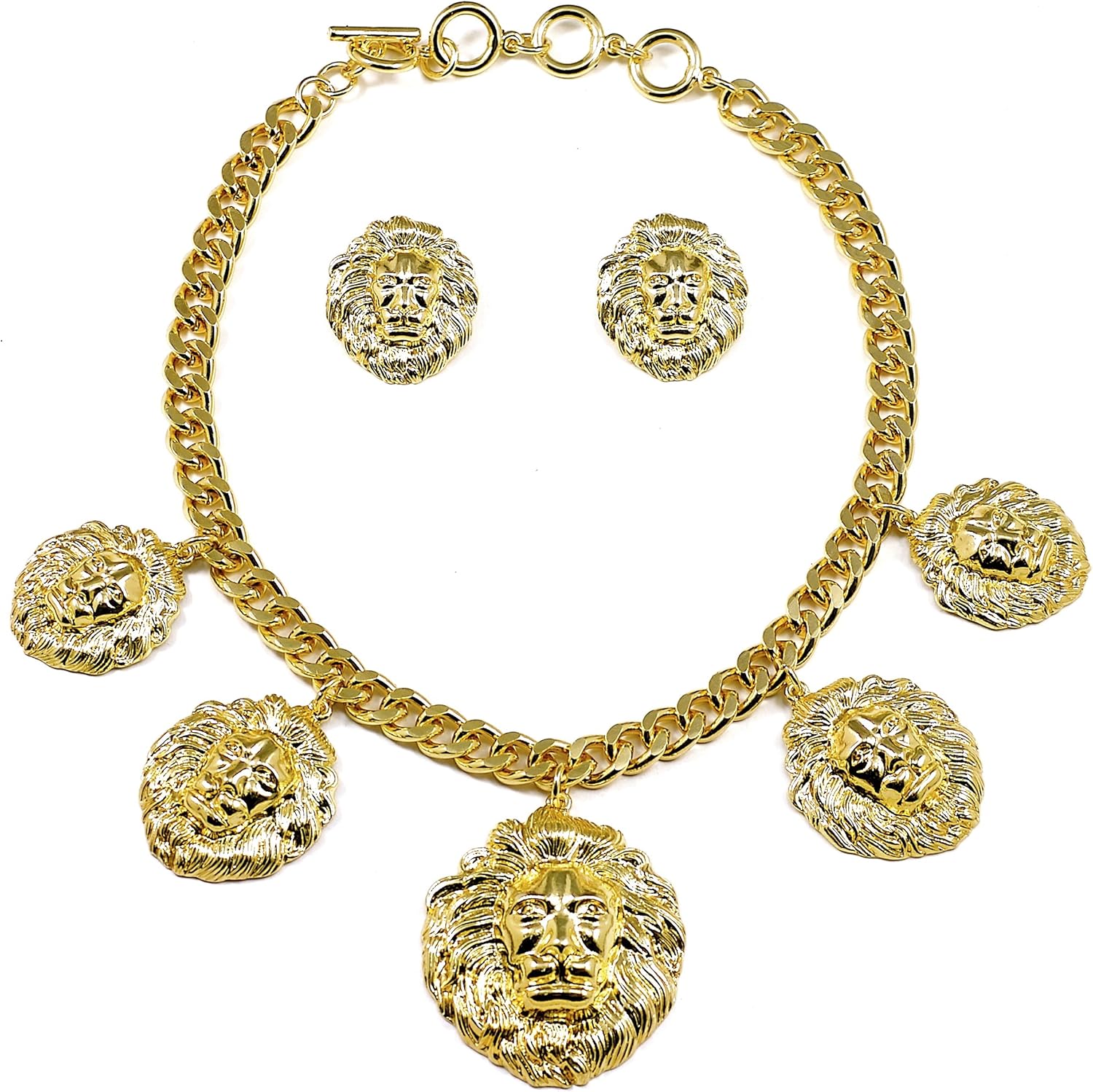 GWOOD Lion Necklace Five Pendant Heads Necklace and Earrings Set 19 1/2 Inch Necklace Gold Color