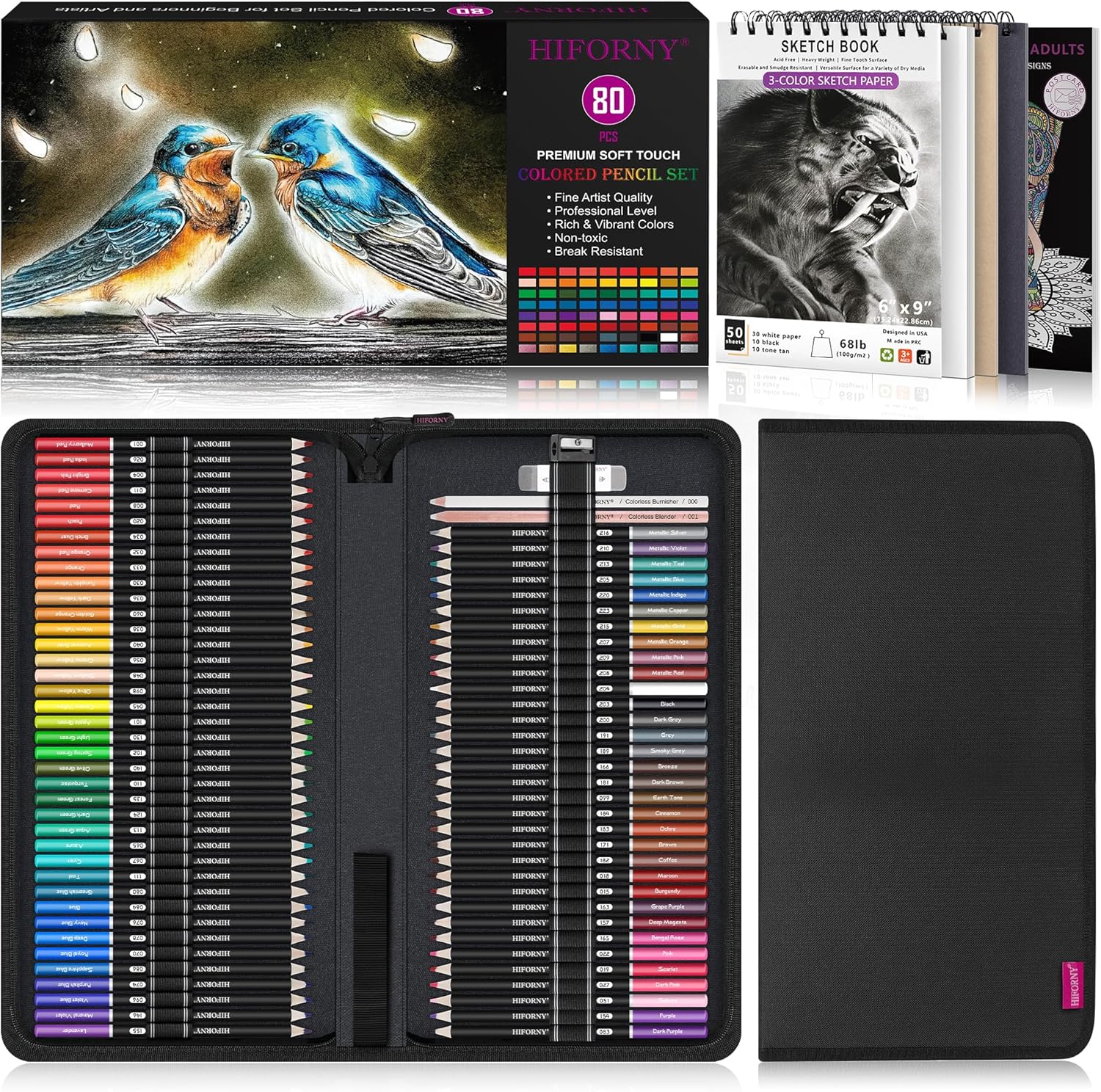 HIFORNY 80PCS Colored Pencils Set for Adults – 72 Soft Core Colored Pencils with Sketchbook, Coloring Book,Blender,Burnisher,Eraser,Sharpener & Color Chart – in Gift Box & Zipper Case