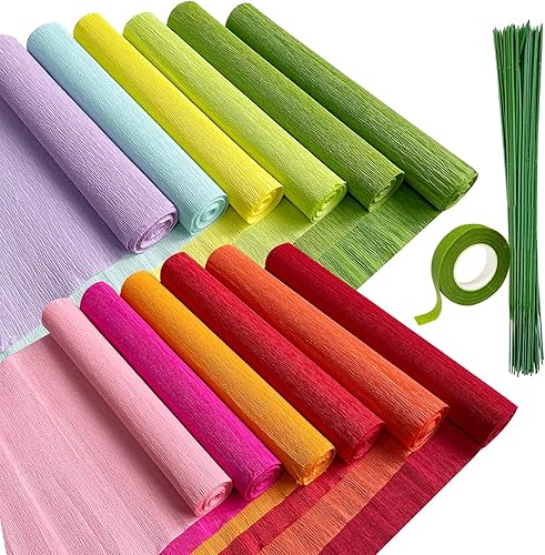 Cieovo Kits de bricolaje de flores de papel crepé, 8 rollos de papel crepé de colores brillantes, cinta floral verde y 50 alambre de hierro floral