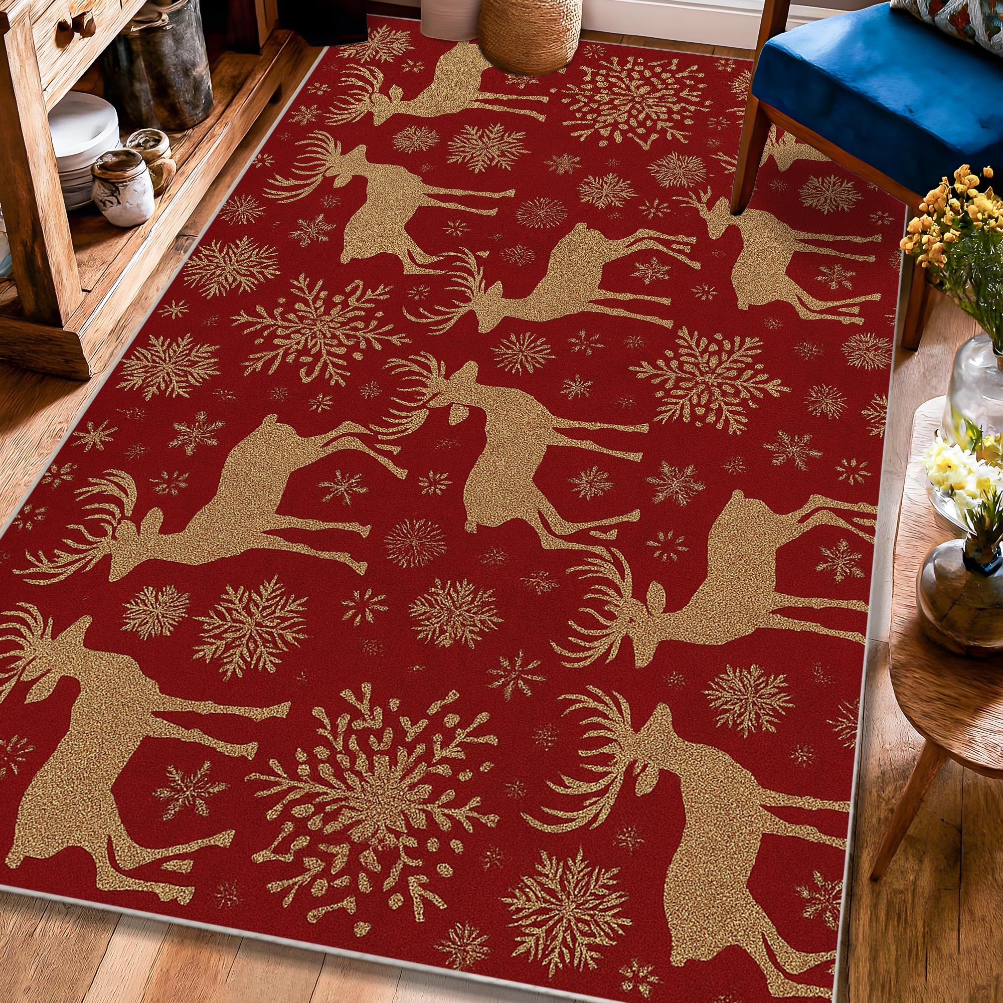 Tapis de Noël renne flocon étoile tapis rouge poil court 1,2x1,8 m