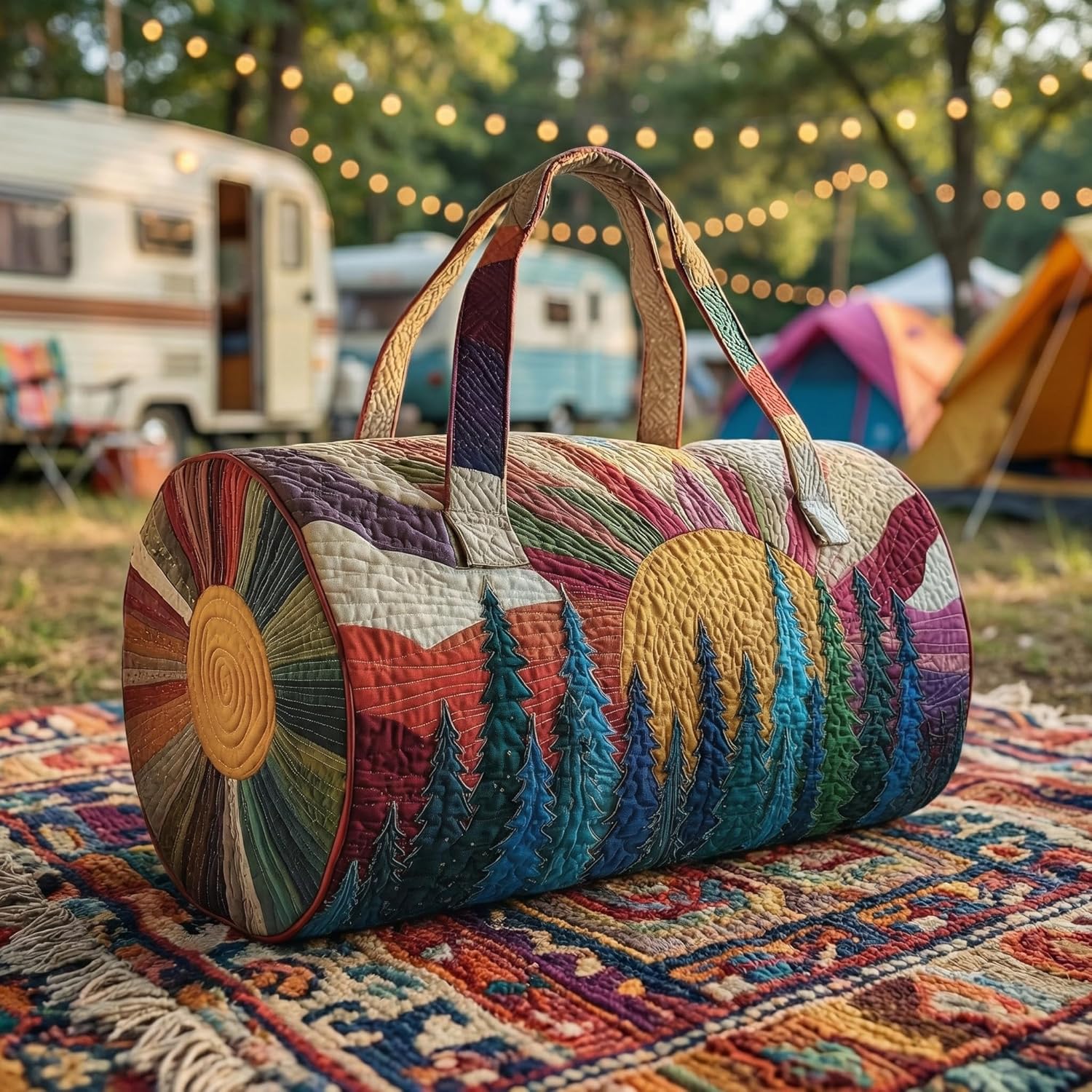 Hippie Quilted Duffel Bag Boho Vintage Hippie Journey Quilted Duffle Bag Travel Weekend Overnight Bag Carry on Luggage Gym Yoga Bag Tote (Style 1, 18" L x 9" W x 9" H)