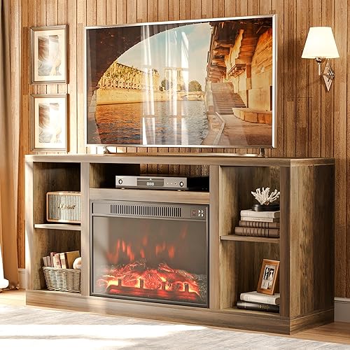 Flamaker Soporte de TV con chimenea eléctrica de 26 pulgadas para TV de 65 pulgadas, moderno soporte de entretenimiento de granja con gabinete de