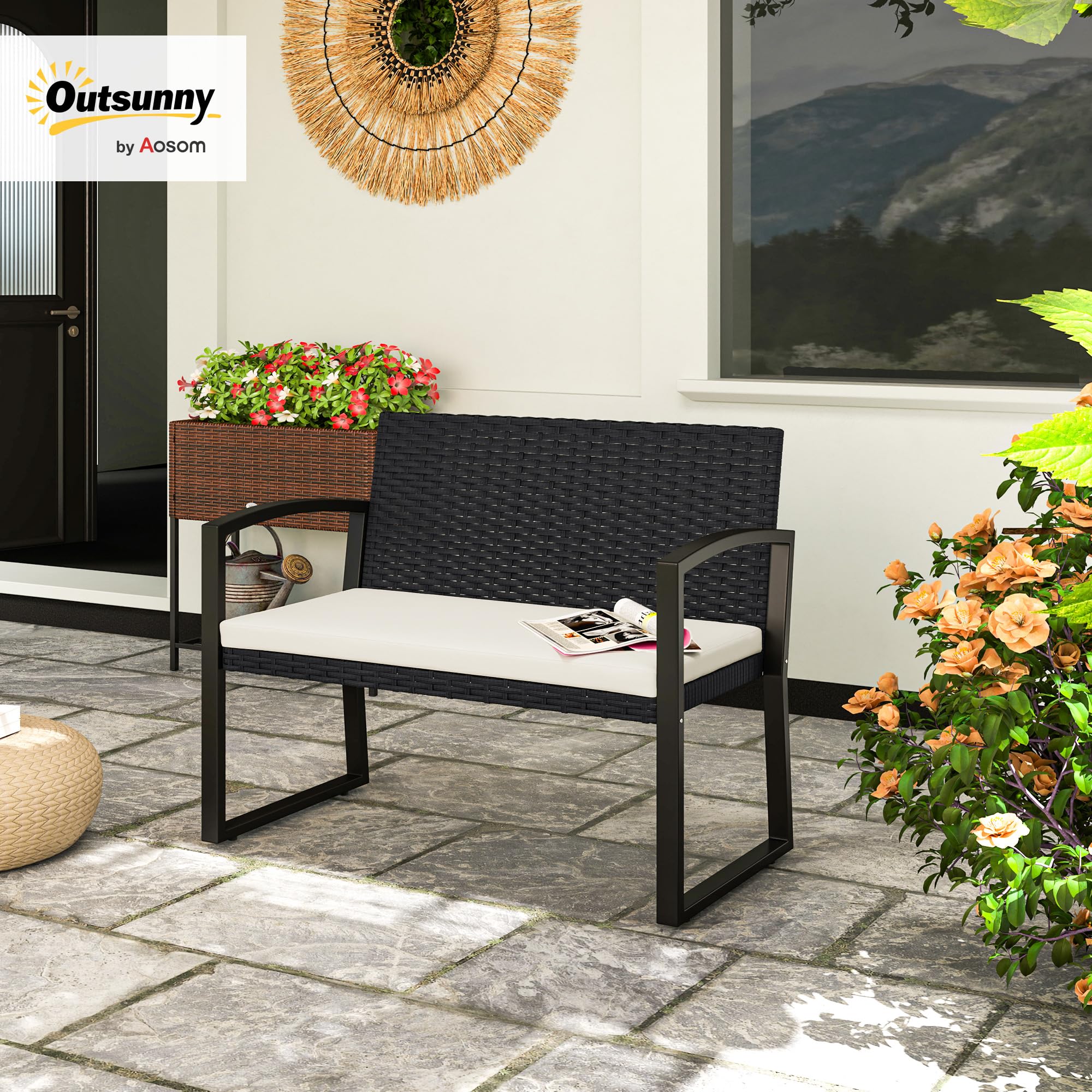 Outsunny Banco de Jardín de Ratán Sintético de 2 Plazas Banco de Exterior con Cojín y Reposabrazos Carga 240 kg para Terraza Patio 103x58x78 cm Negro y Beige