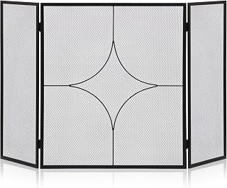 FEED GARDEN 3 Panel Fireplace Screen 48" W x 27.5" H Modern Foldable with Wrought Metal Decorative Mesh,Arch Heavy Duty Fire Spark Guard Cover for Home Decor Indoor, Black